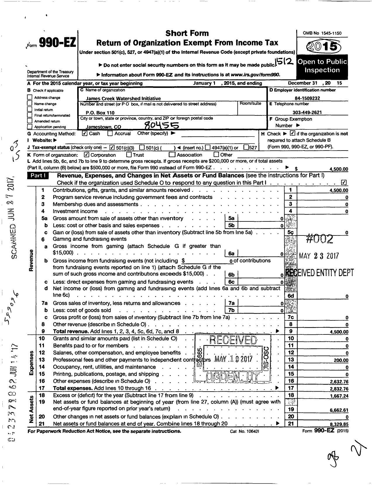 Image of first page of 2015 Form 990EZ for James Creek Watershed Initiative