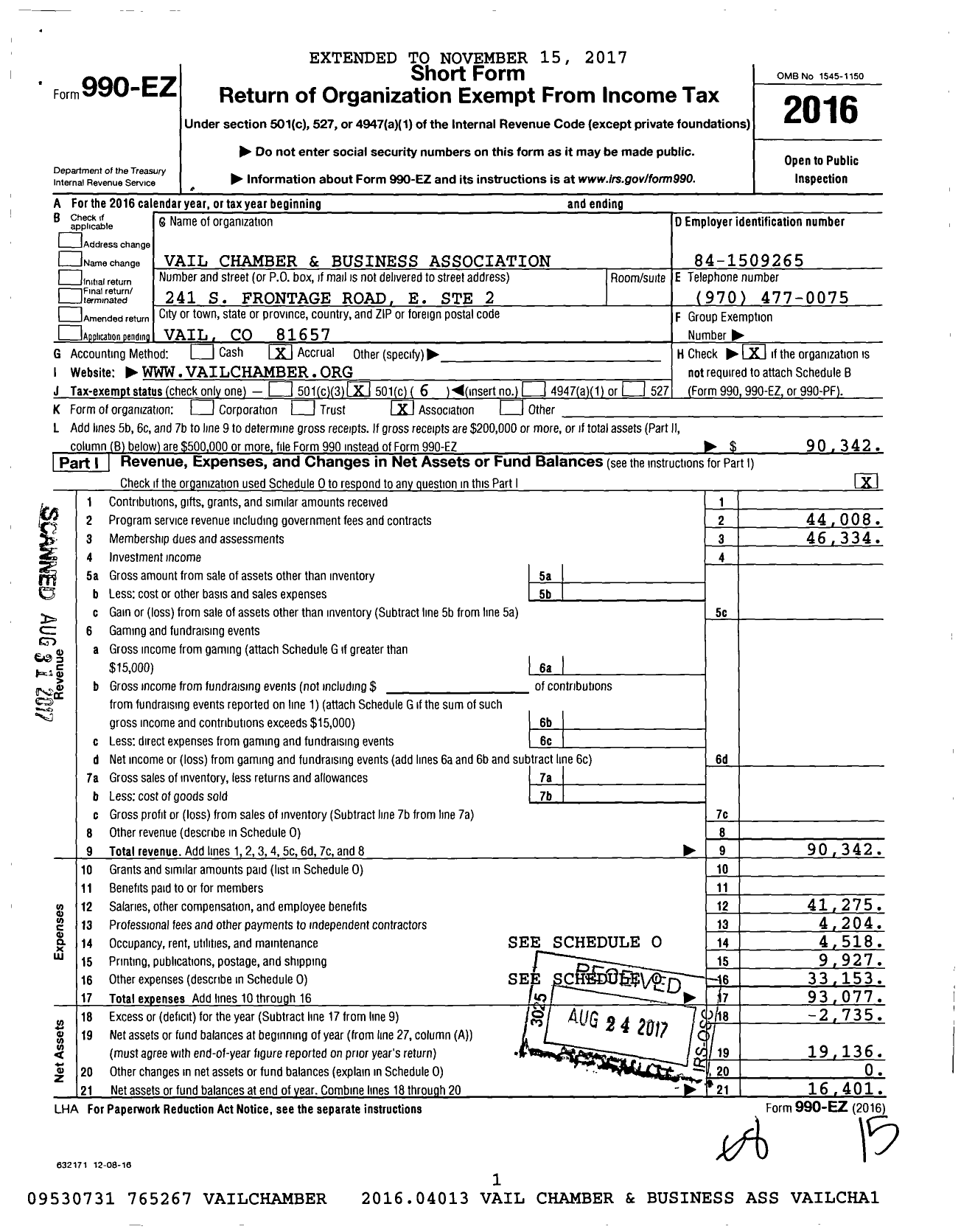 Image of first page of 2016 Form 990EO for Vail Chamber and Business Association