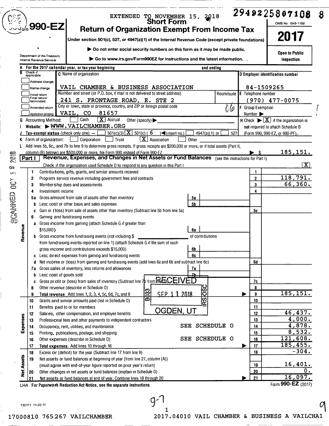 Image of first page of 2017 Form 990EO for Vail Chamber and Business Association
