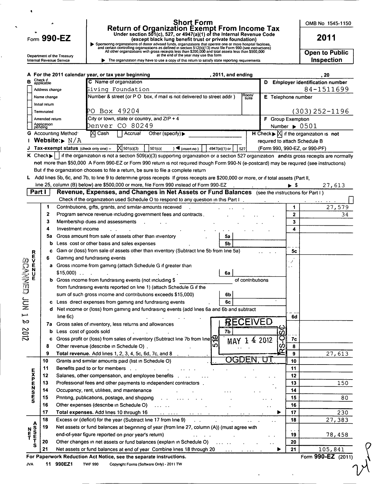 Image of first page of 2011 Form 990EZ for Giving Foundation