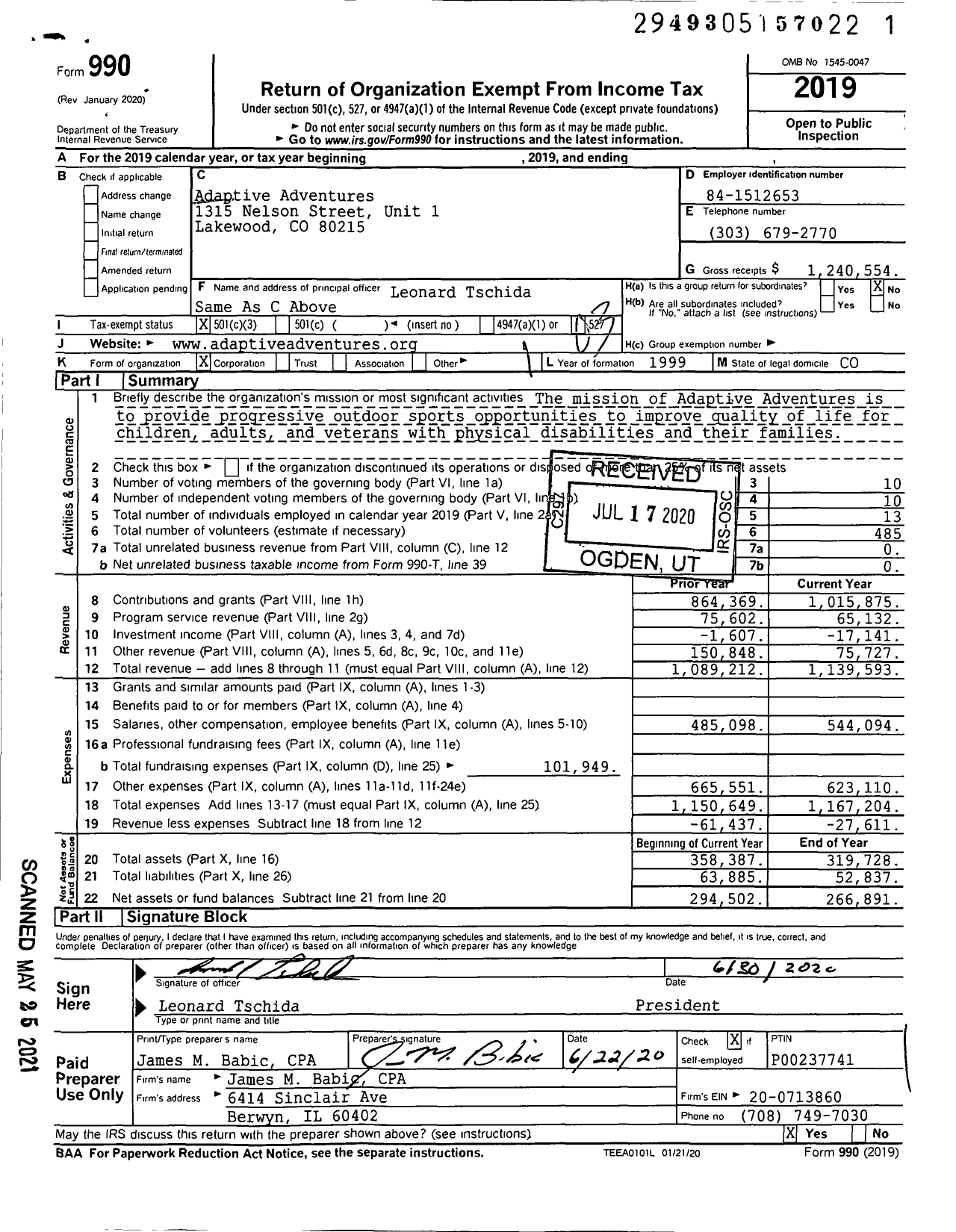 Image of first page of 2019 Form 990 for Adaptive Adventures