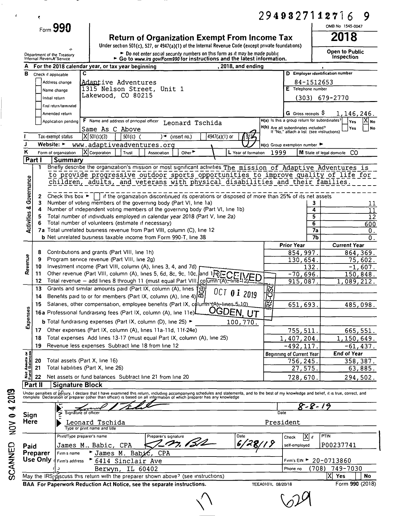 Image of first page of 2018 Form 990 for Adaptive Adventures