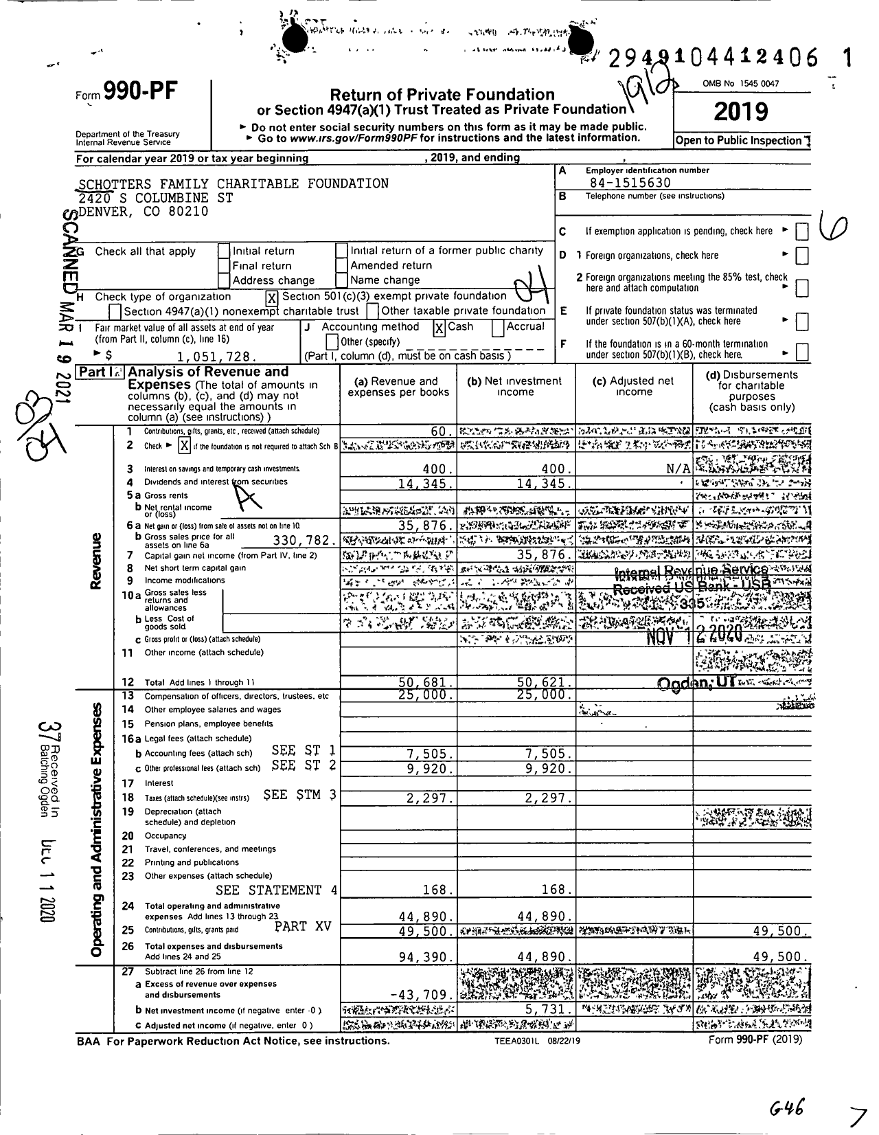 Image of first page of 2019 Form 990PF for Schotters Family Charitable Foundation