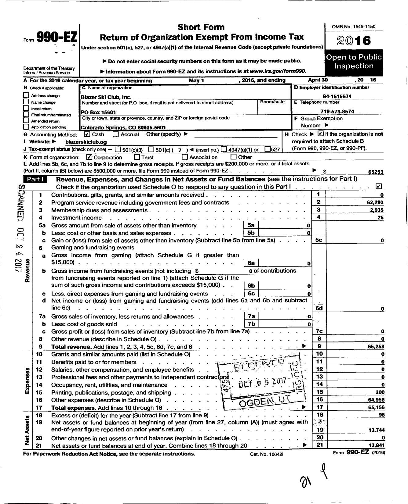 Image of first page of 2015 Form 990EO for Blazer Ski Club