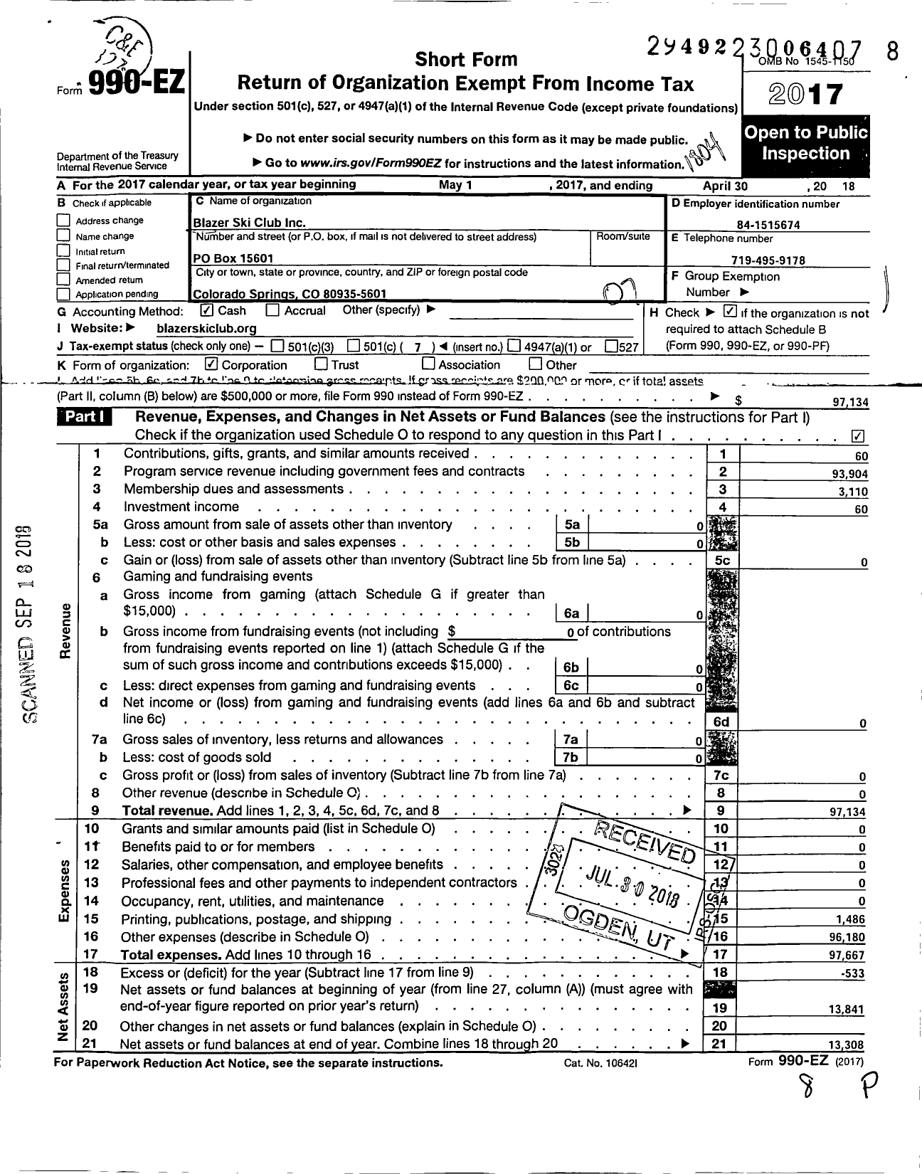 Image of first page of 2017 Form 990EO for Blazer Ski Club