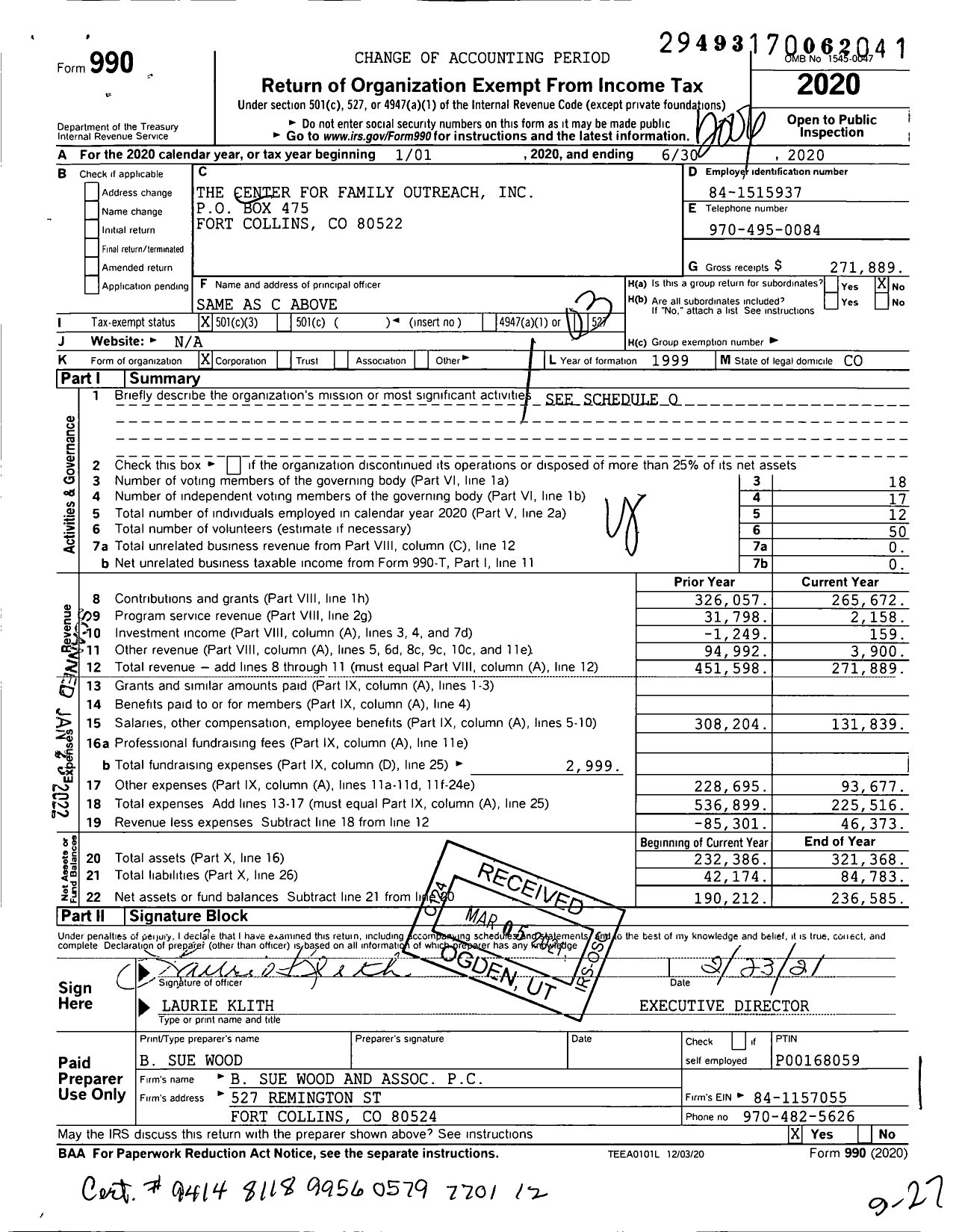 Image of first page of 2019 Form 990 for Center for Family Outreach