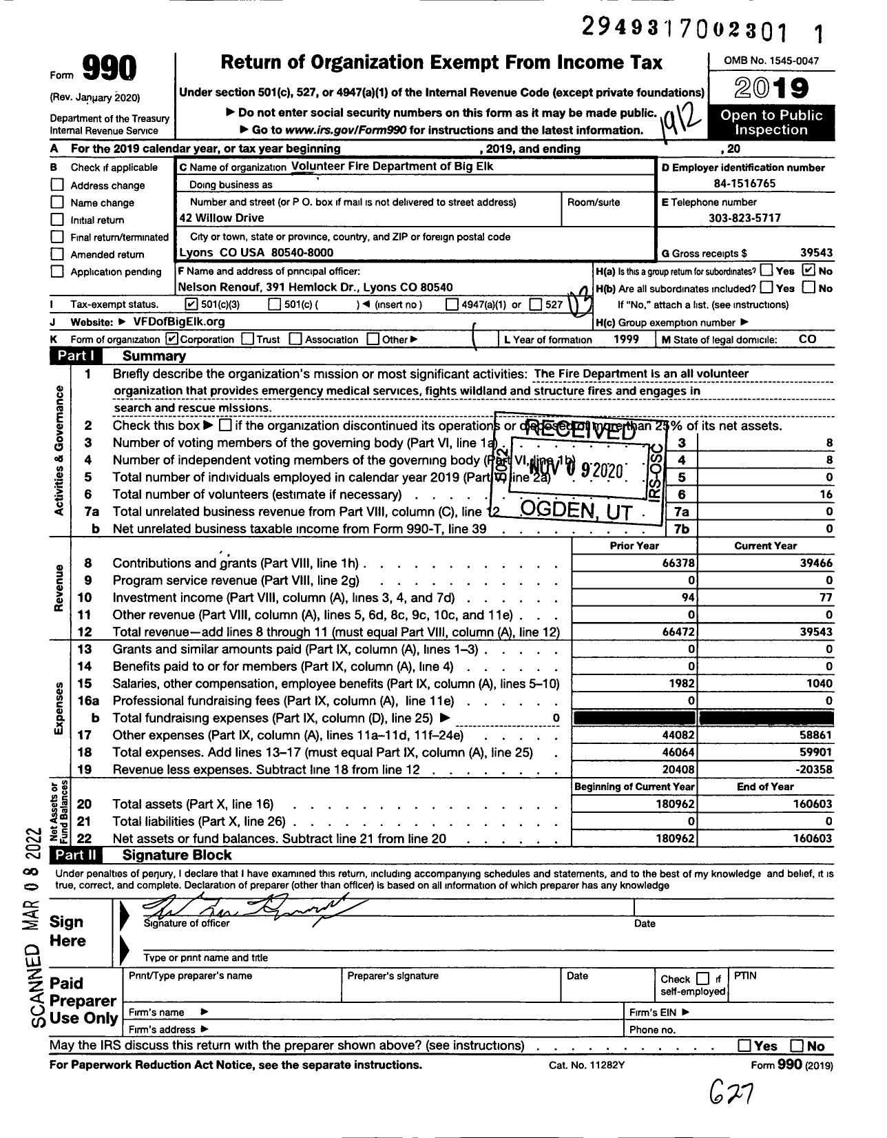 Image of first page of 2019 Form 990 for Volunteer Fire Department of Big Elk