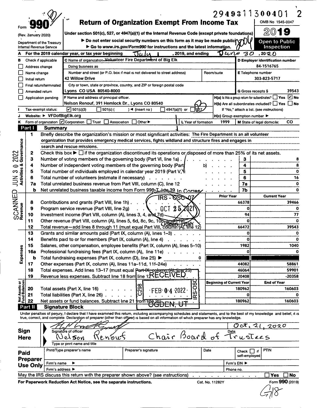 Image of first page of 2019 Form 990 for Volunteer Fire Department of Big Elk