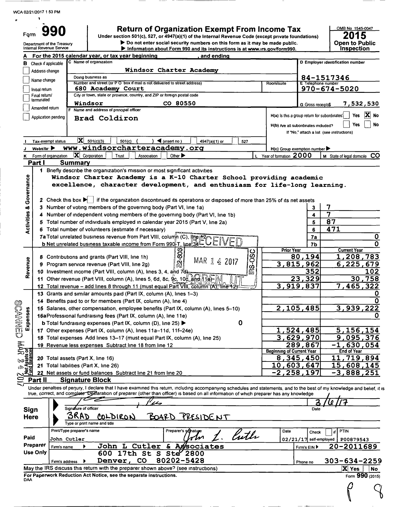 Image of first page of 2015 Form 990 for Windsor Charter Academy