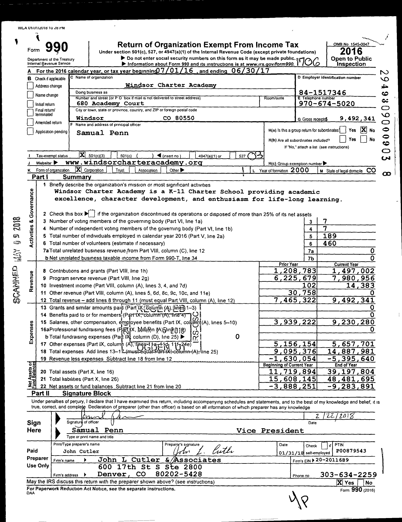 Image of first page of 2016 Form 990 for Windsor Charter Academy