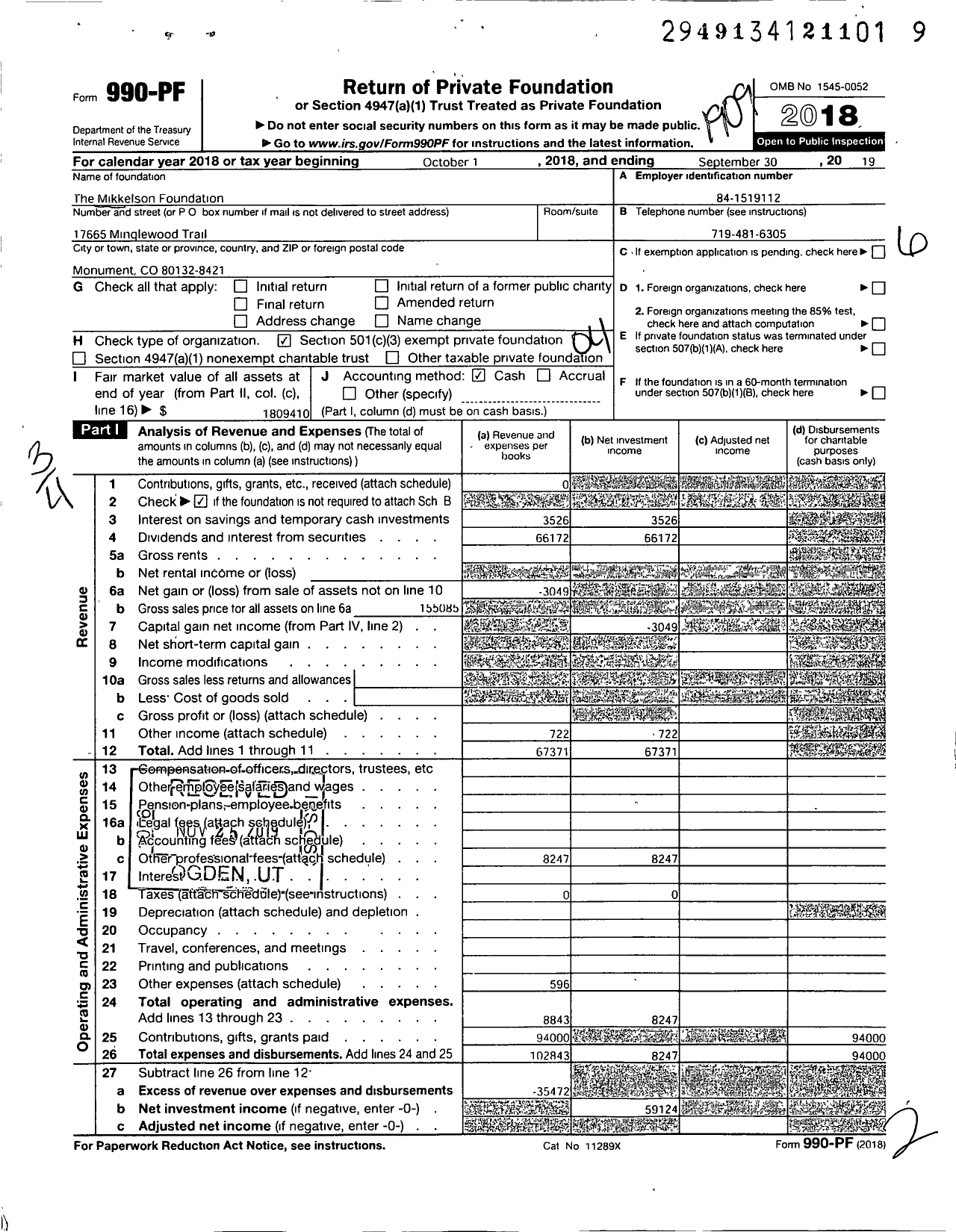 Image of first page of 2018 Form 990PF for Mikkelson Foundation