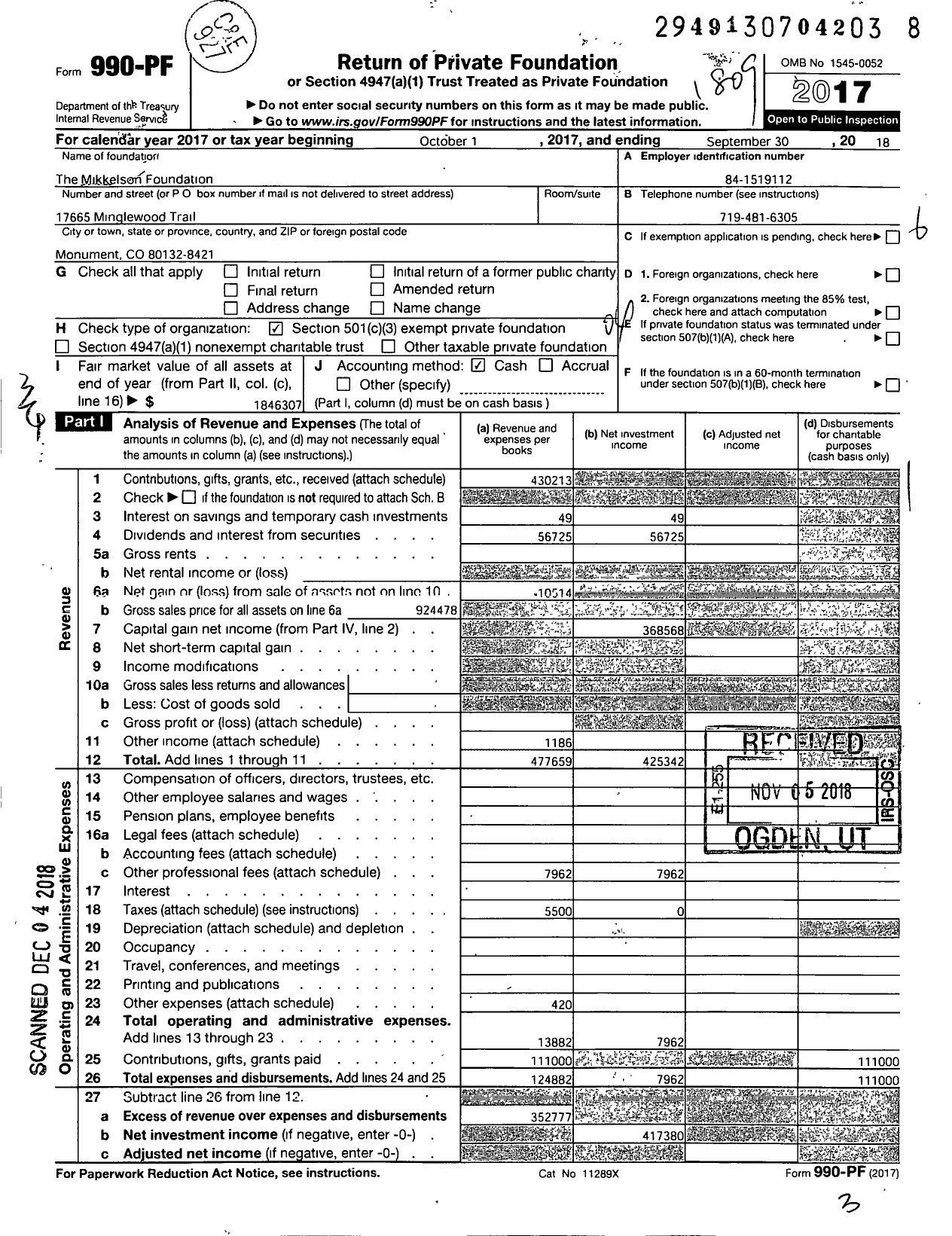 Image of first page of 2017 Form 990PF for Mikkelson Foundation