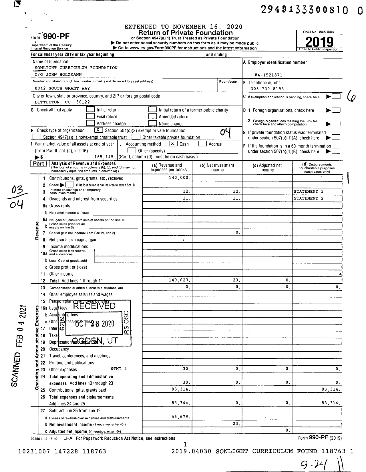 Image of first page of 2019 Form 990PF for Sonlight Curriculum Foundation