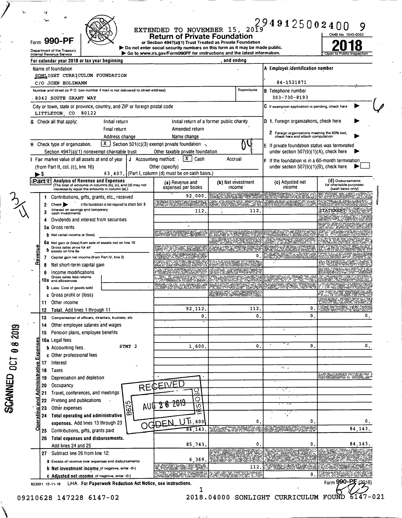 Image of first page of 2018 Form 990PF for Sonlight Curriculum Foundation