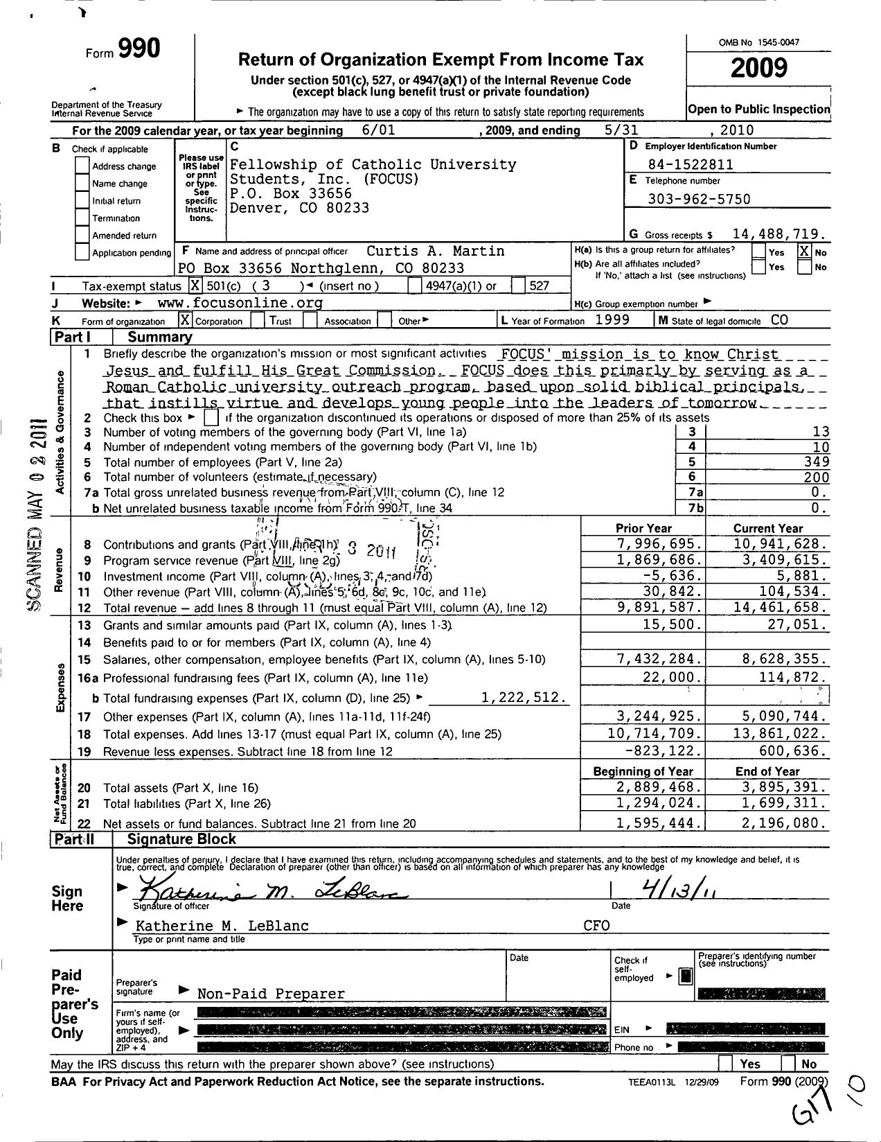 Image of first page of 2009 Form 990 for Fellowship of Catholic University Students (FOCUS)