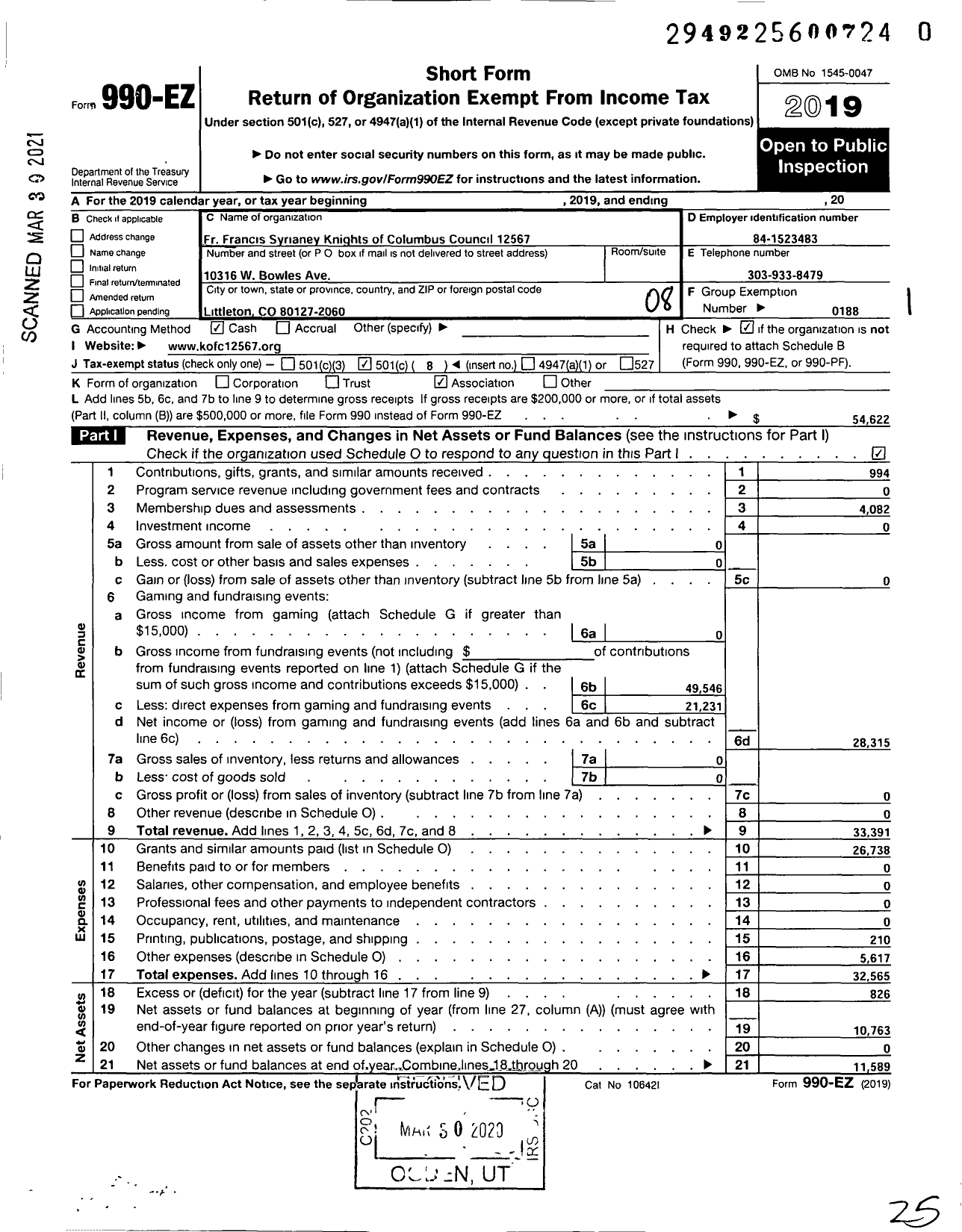 Image of first page of 2019 Form 990EO for Knights of Columbus - 12567 FR Francis Syrainey