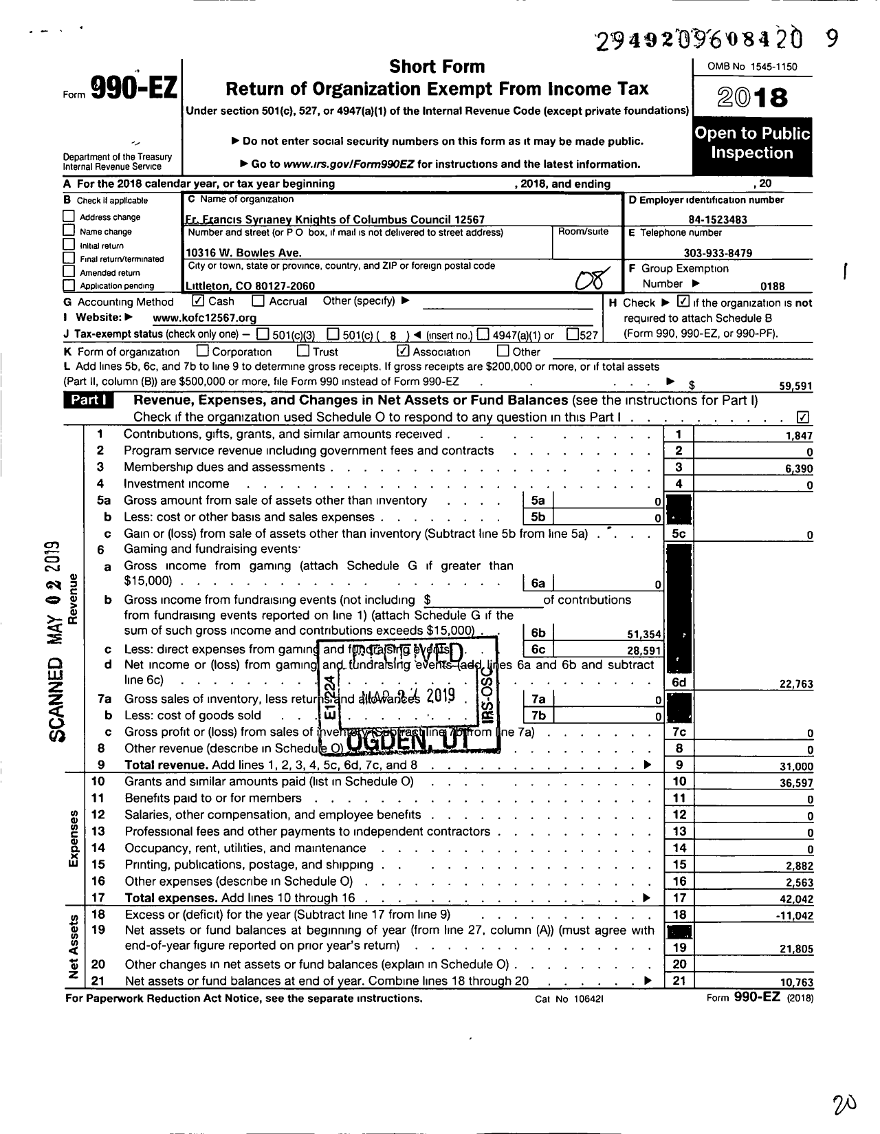 Image of first page of 2018 Form 990EO for Knights of Columbus - 12567 FR Francis Syrainey