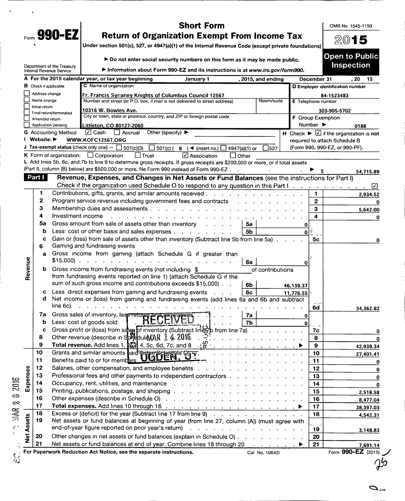 Image of first page of 2015 Form 990EO for Knights of Columbus - 12567 FR Francis Syrainey