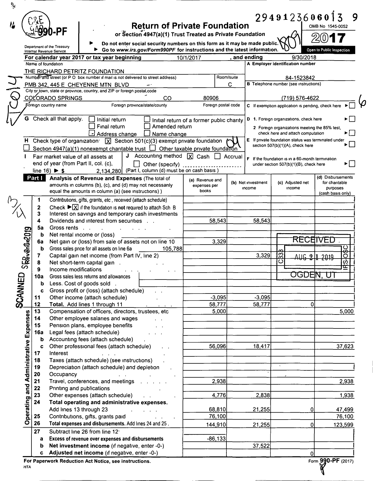Image of first page of 2017 Form 990PF for The Richard Petritz Foundation