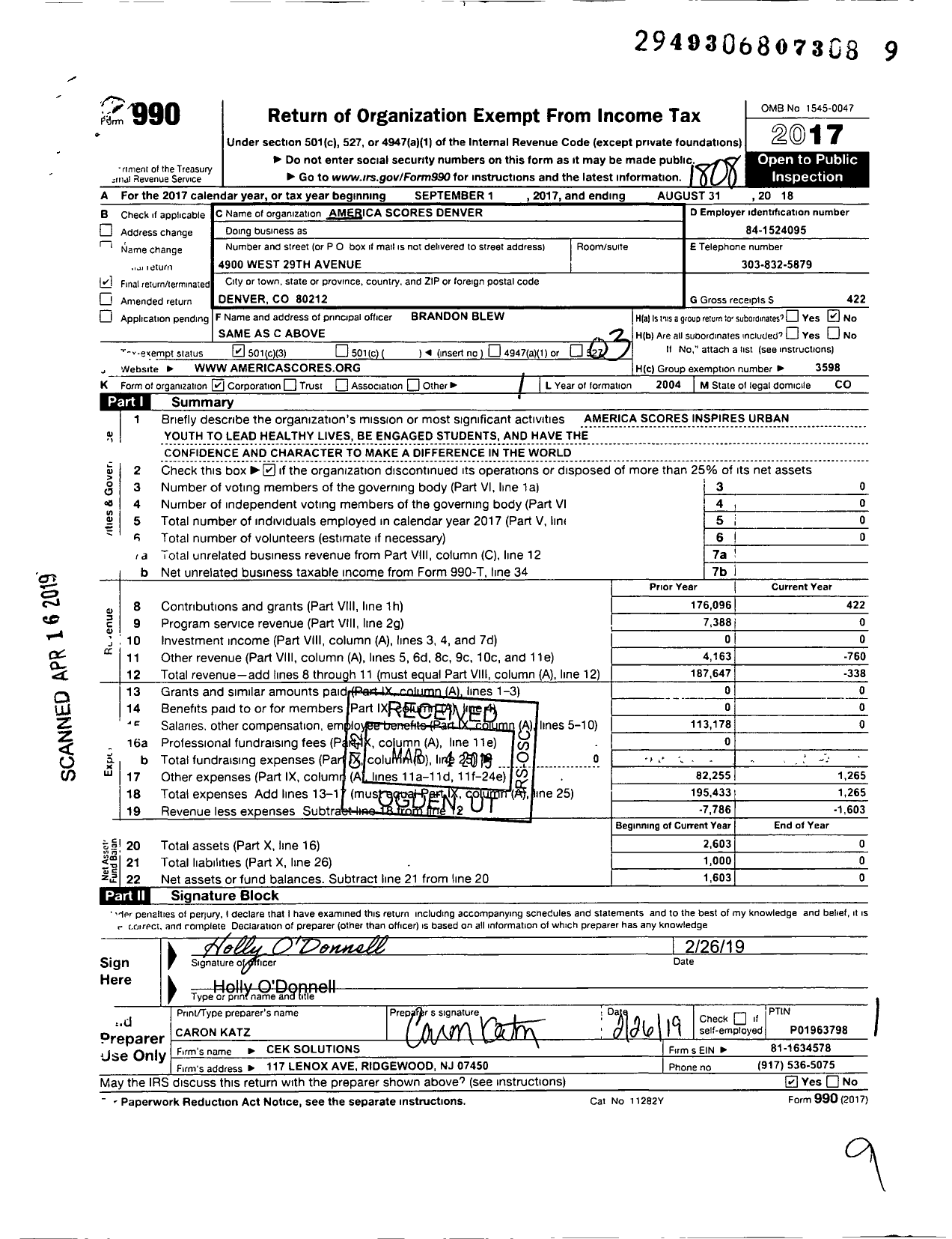 Image of first page of 2017 Form 990 for America Scores Denver