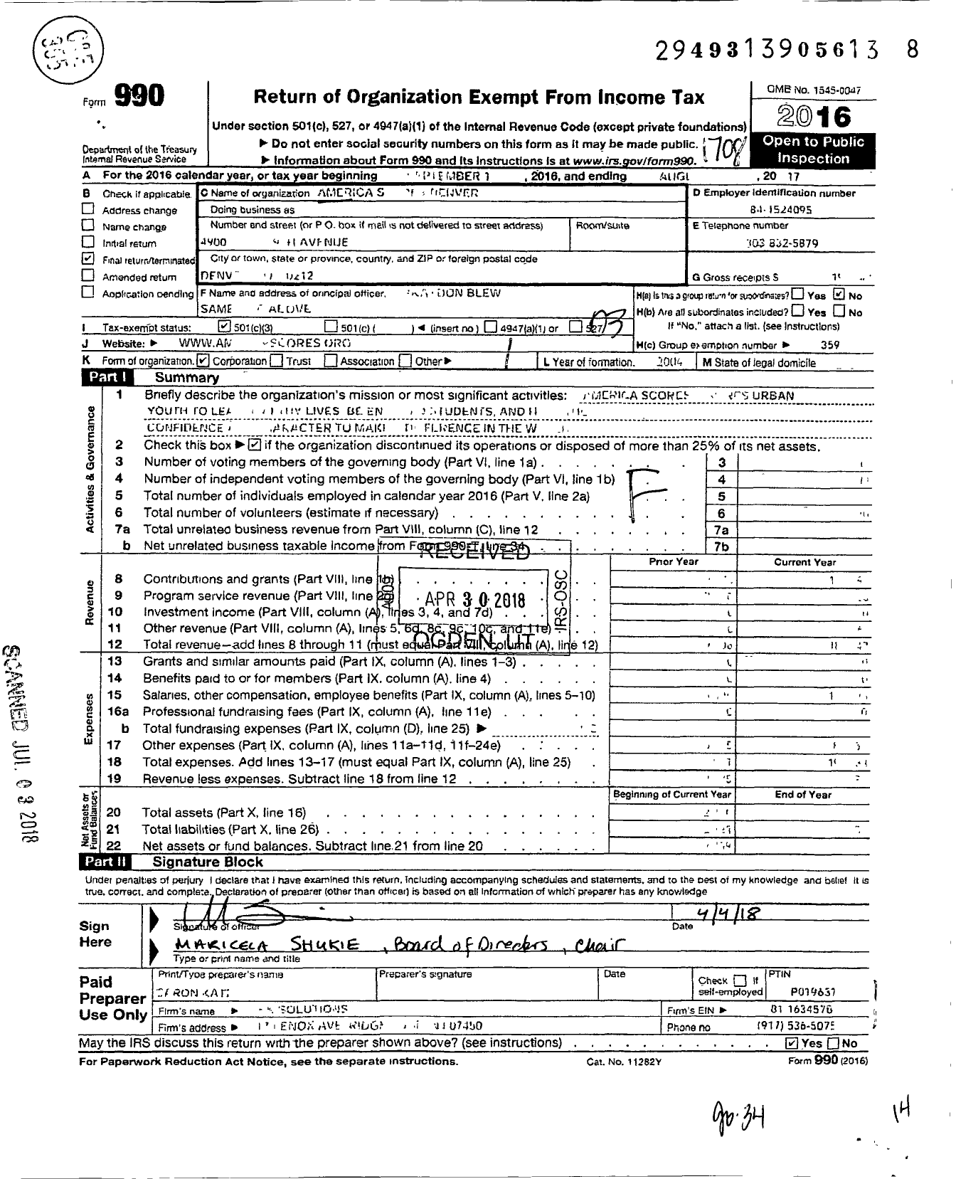 Image of first page of 2016 Form 990 for America Scores Denver