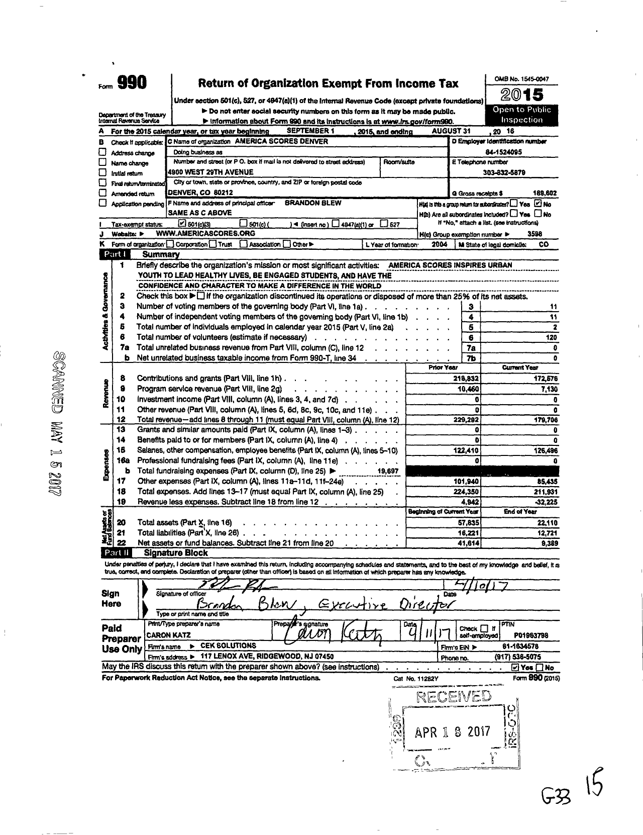 Image of first page of 2015 Form 990 for America Scores Denver