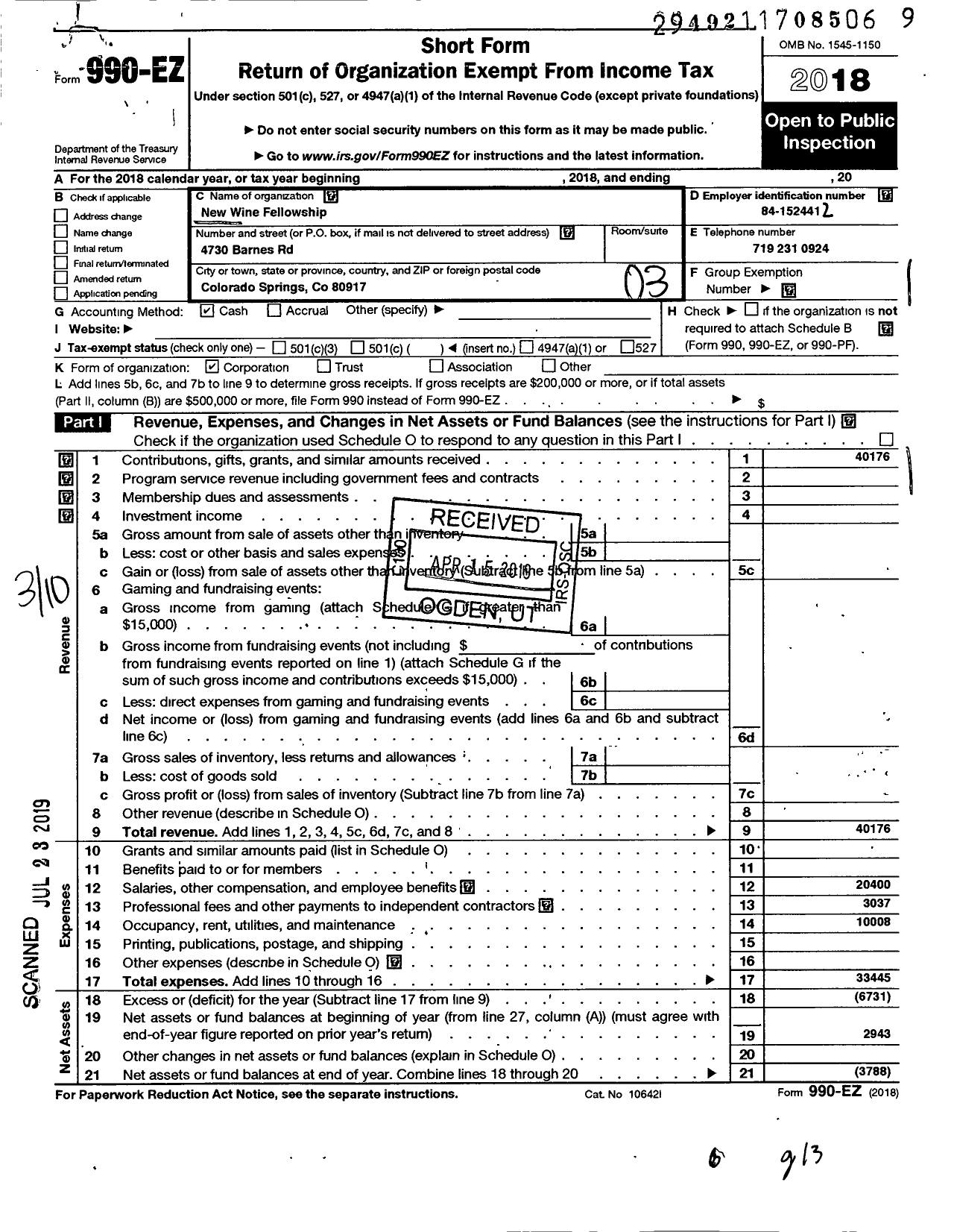 Image of first page of 2018 Form 990EZ for New Wine Fellowship