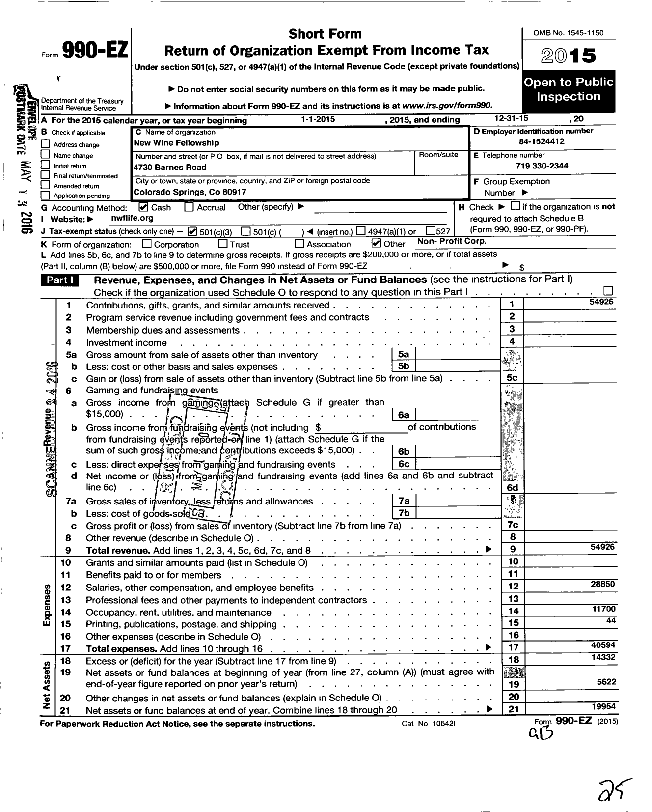 Image of first page of 2015 Form 990EZ for New Wine Fellowship