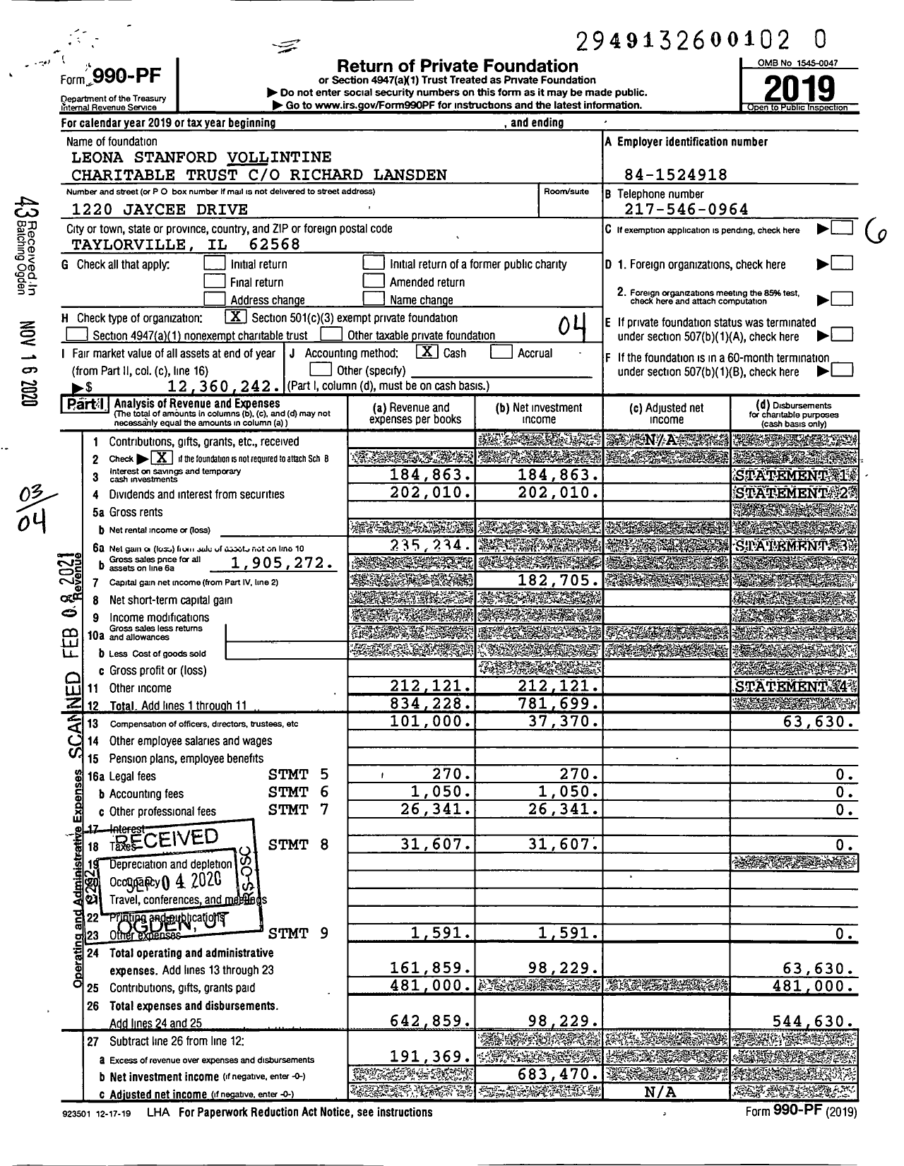 Image of first page of 2019 Form 990PF for Leona Stanford Vollintine Charitable Trust