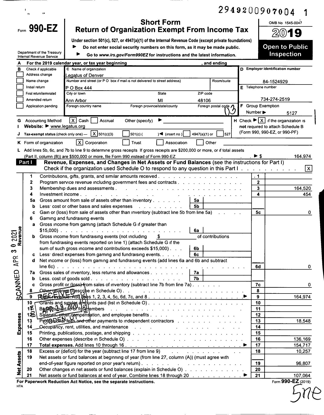 Image of first page of 2019 Form 990EZ for Legatus of Denver