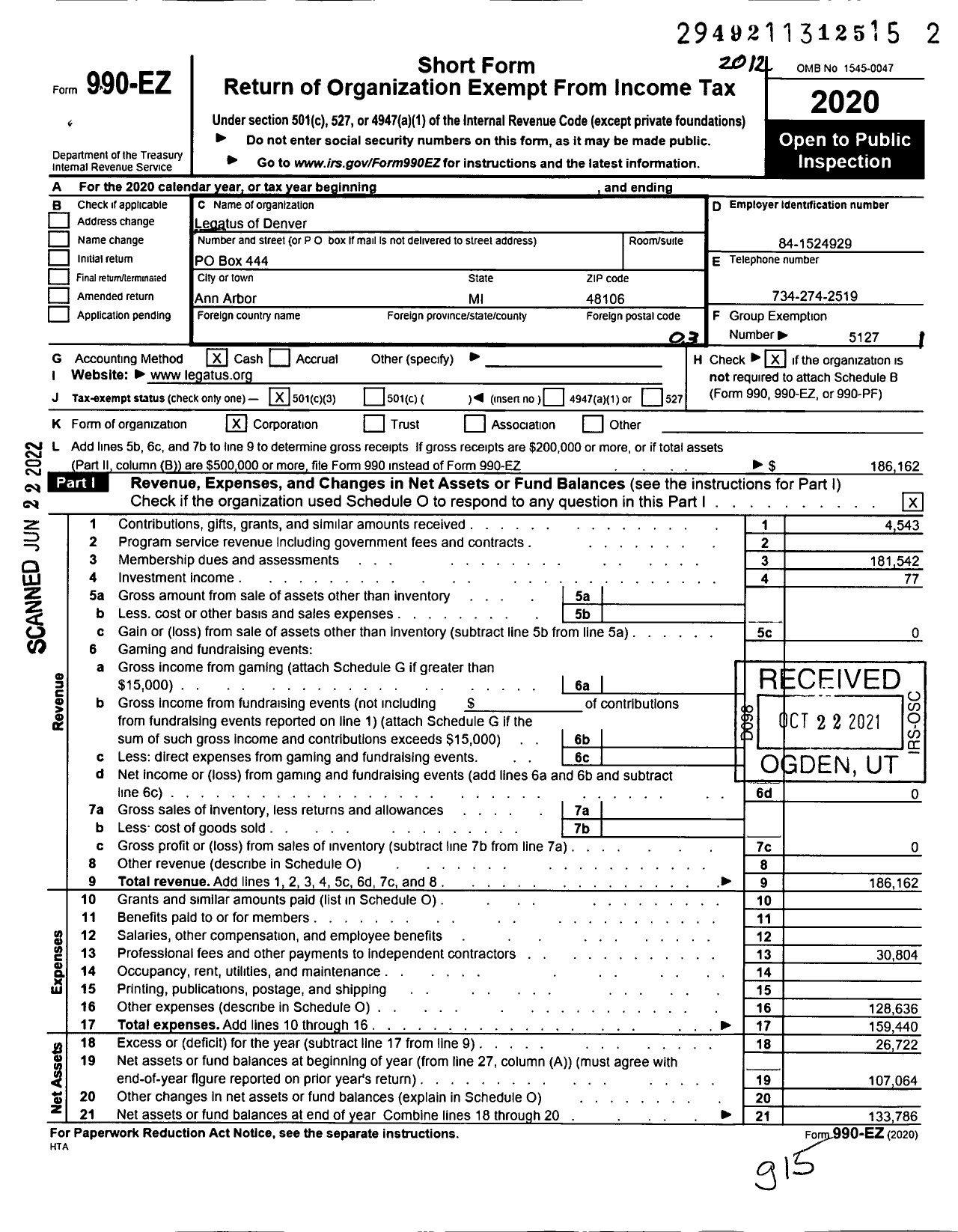 Image of first page of 2020 Form 990EZ for Legatus of Denver