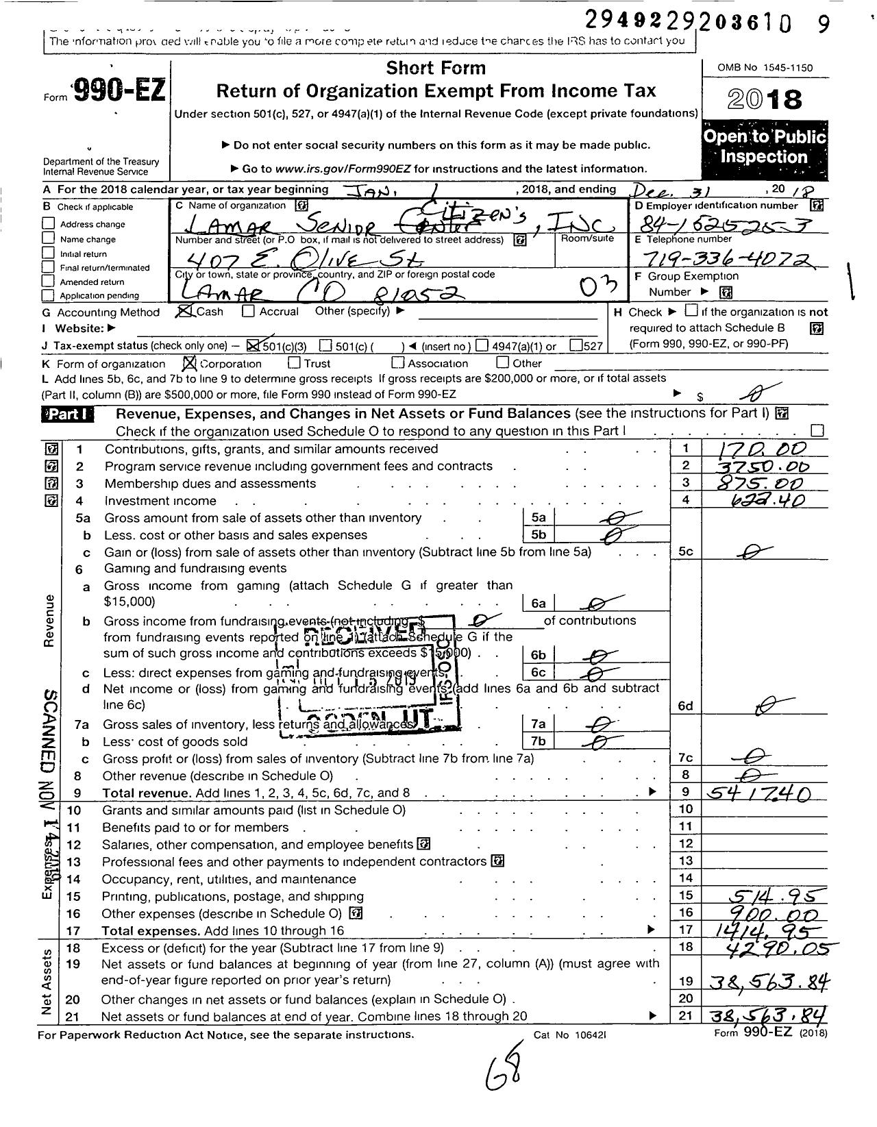 Image of first page of 2018 Form 990EZ for Lamar Senior Citizens