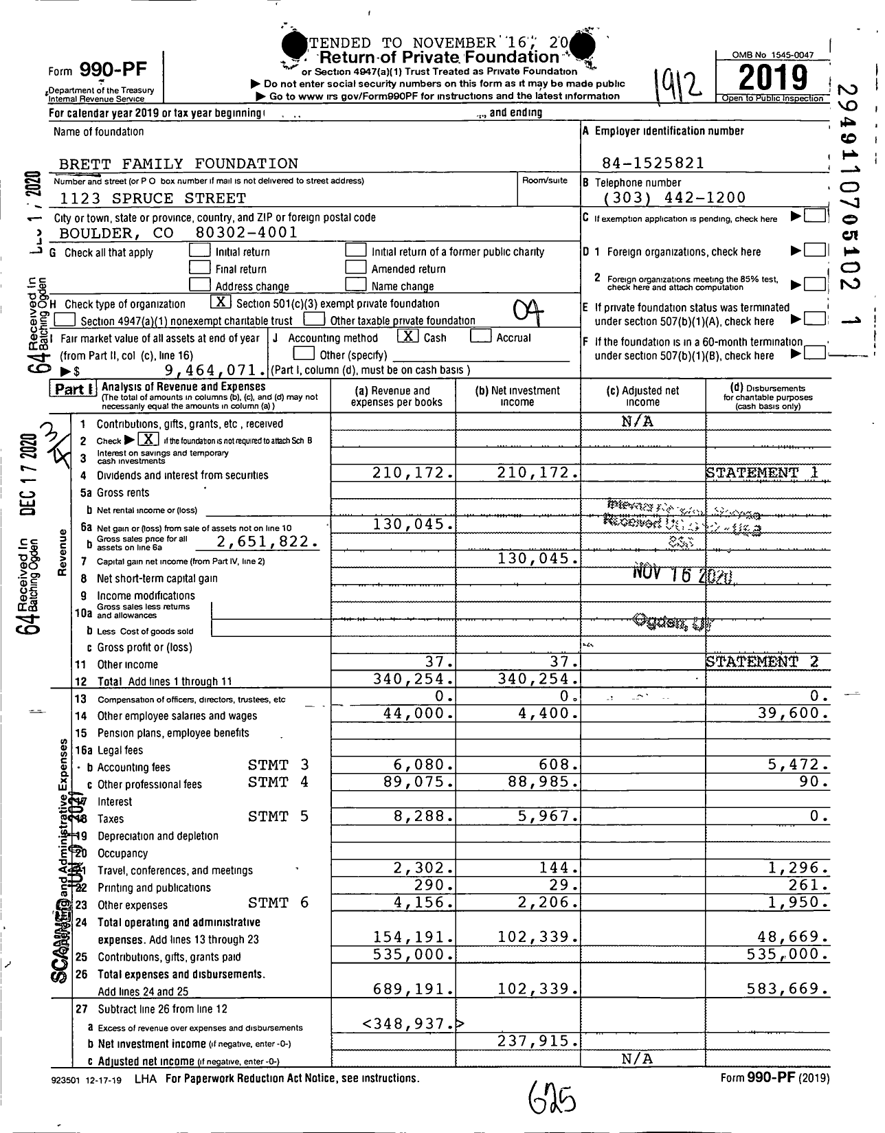 Image of first page of 2019 Form 990PF for Brett Family Foundation