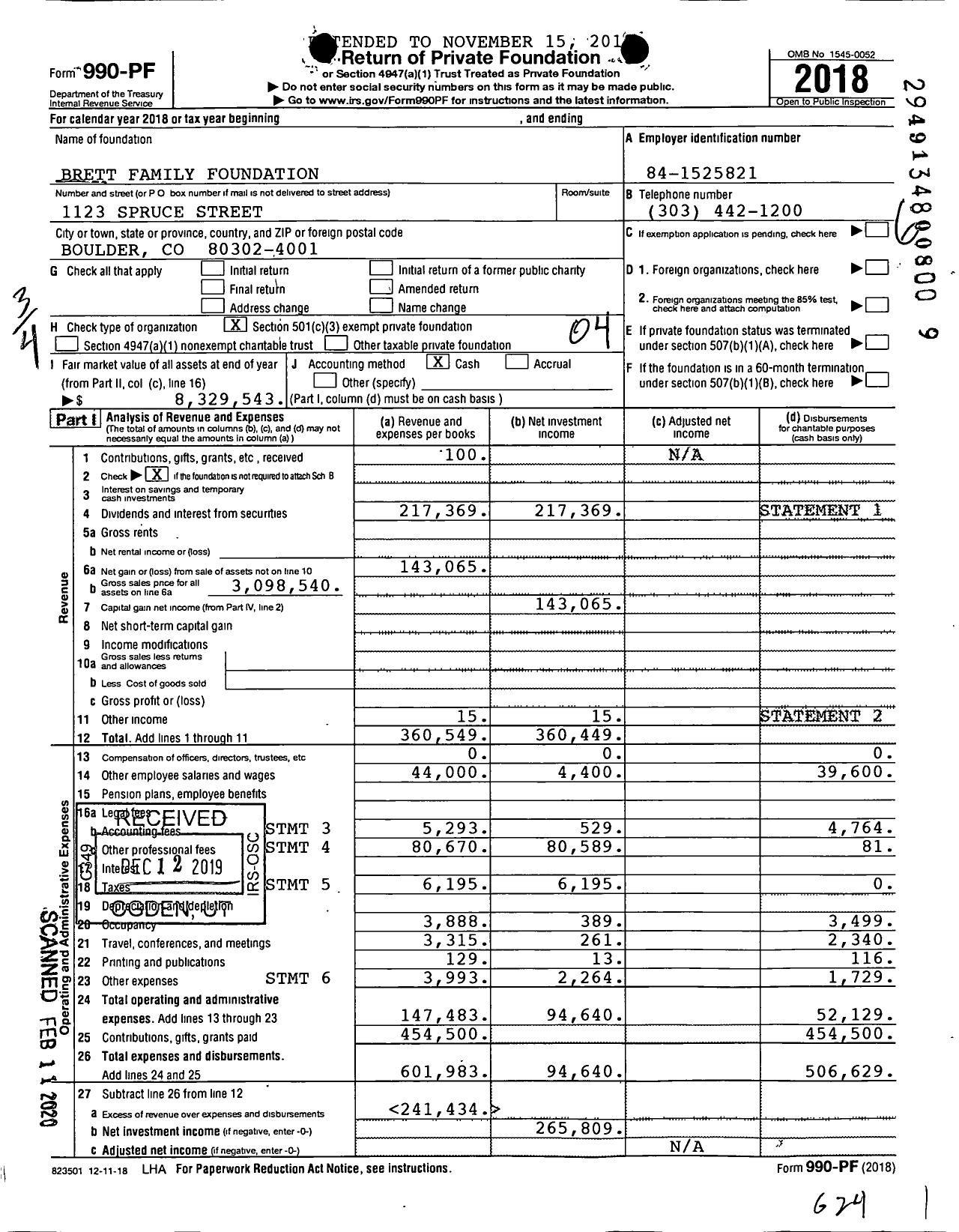 Image of first page of 2018 Form 990PF for Brett Family Foundation