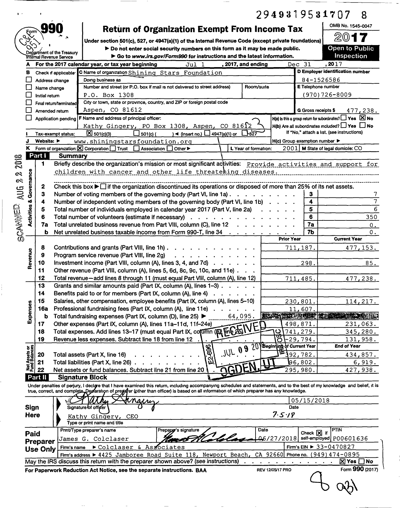 Image of first page of 2017 Form 990 for Shining Stars Foundation