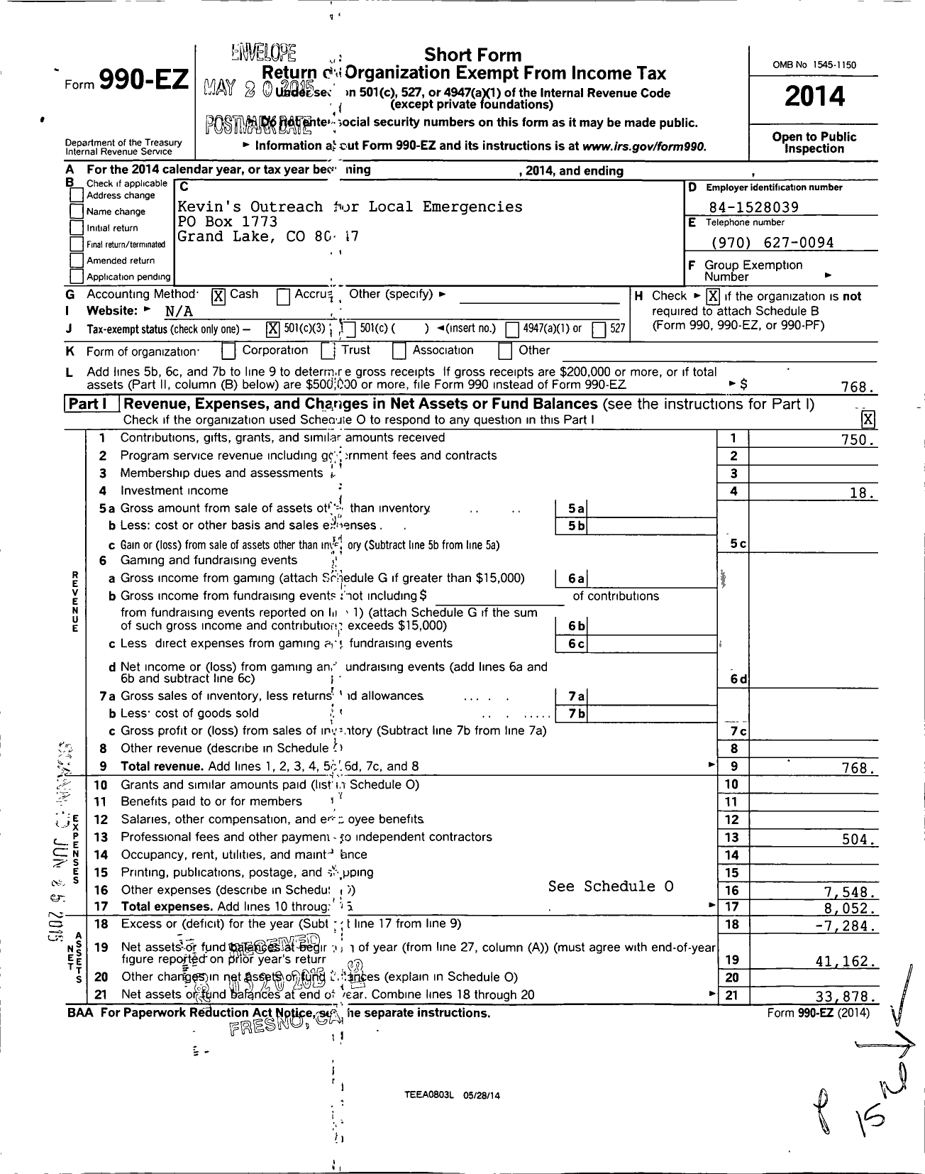 Image of first page of 2014 Form 990EZ for Kevins Outreach For Local Emergencies