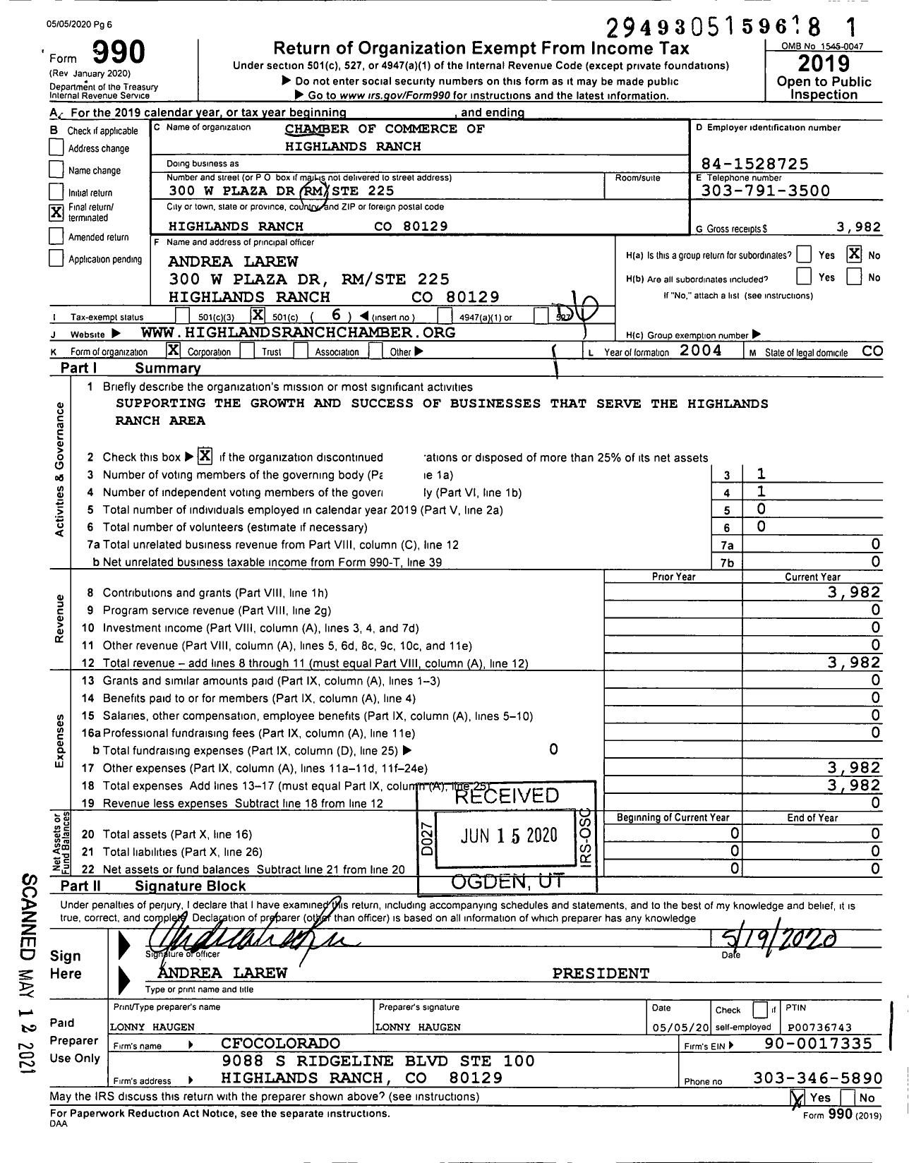 Image of first page of 2019 Form 990O for Chamber of Commerce of Highlands Ranch