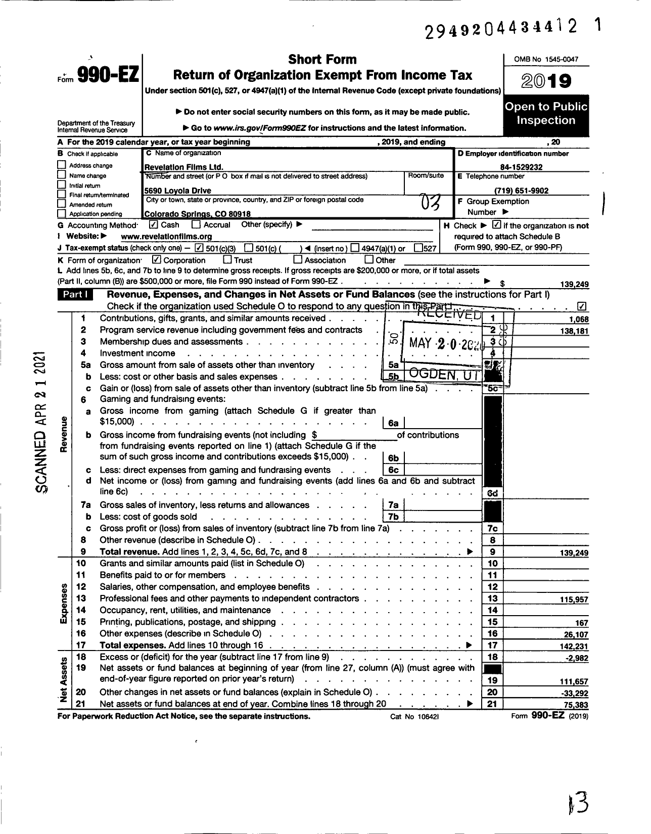 Image of first page of 2019 Form 990EZ for Revelation Films