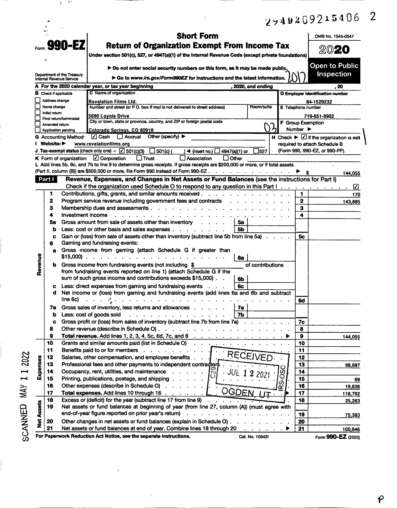 Image of first page of 2020 Form 990EZ for Revelation Films