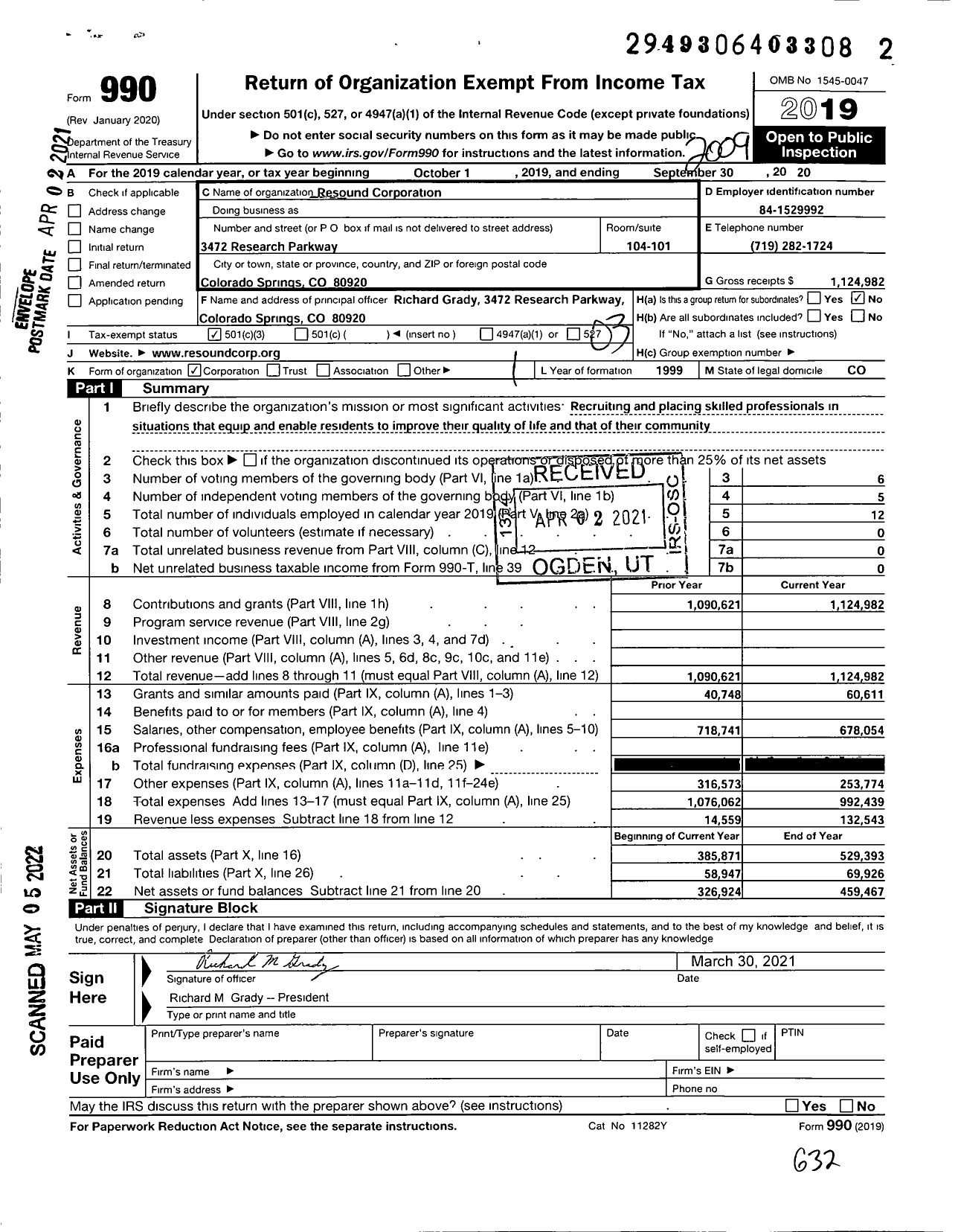 Image of first page of 2019 Form 990 for Resound Corporation