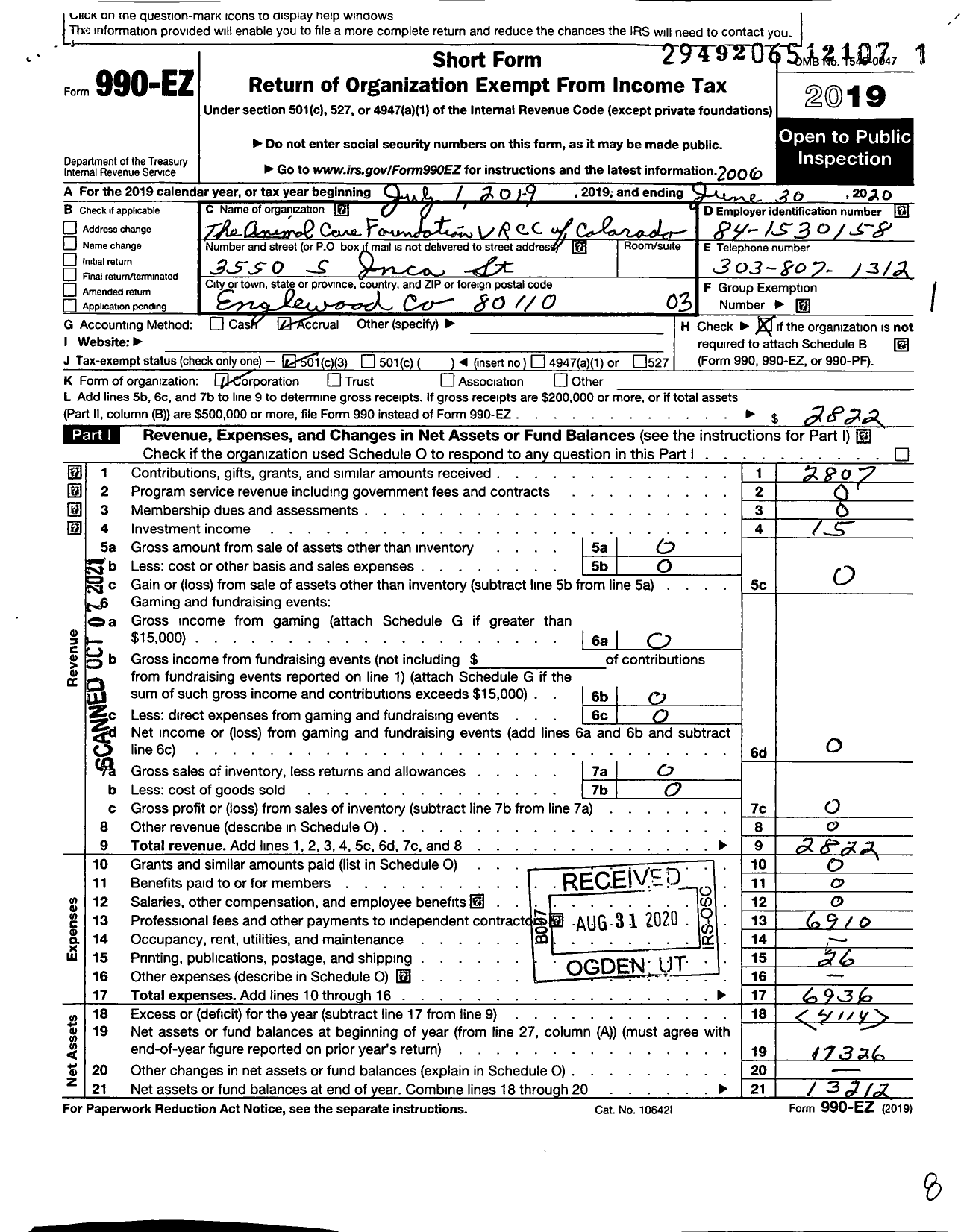 Image of first page of 2019 Form 990EZ for The Animal Care Foundation VRCC If