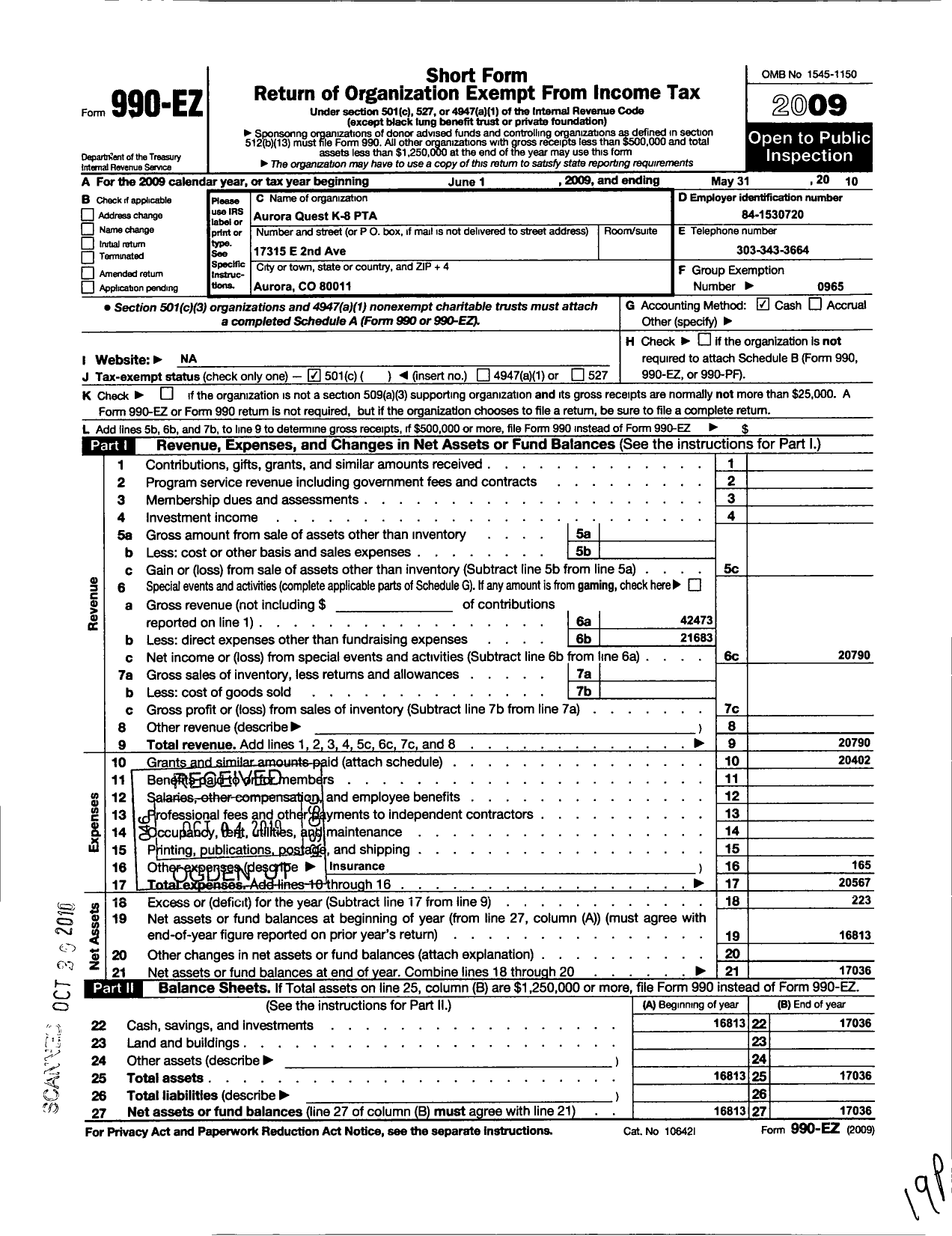 Image of first page of 2009 Form 990EO for PTA Colorado Congress / Aurora Quest K - E PTA