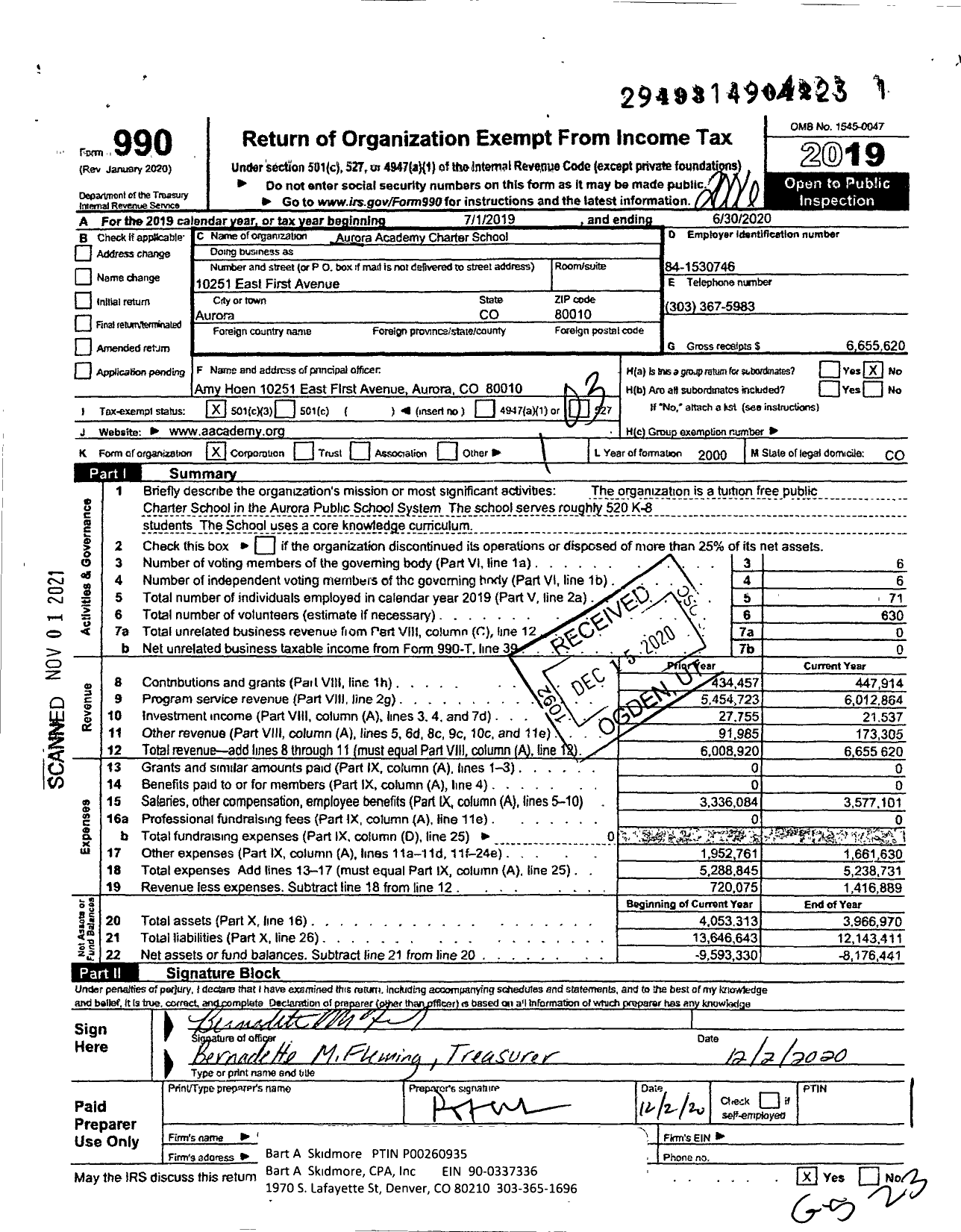 Image of first page of 2019 Form 990 for Aurora Academy Charter School