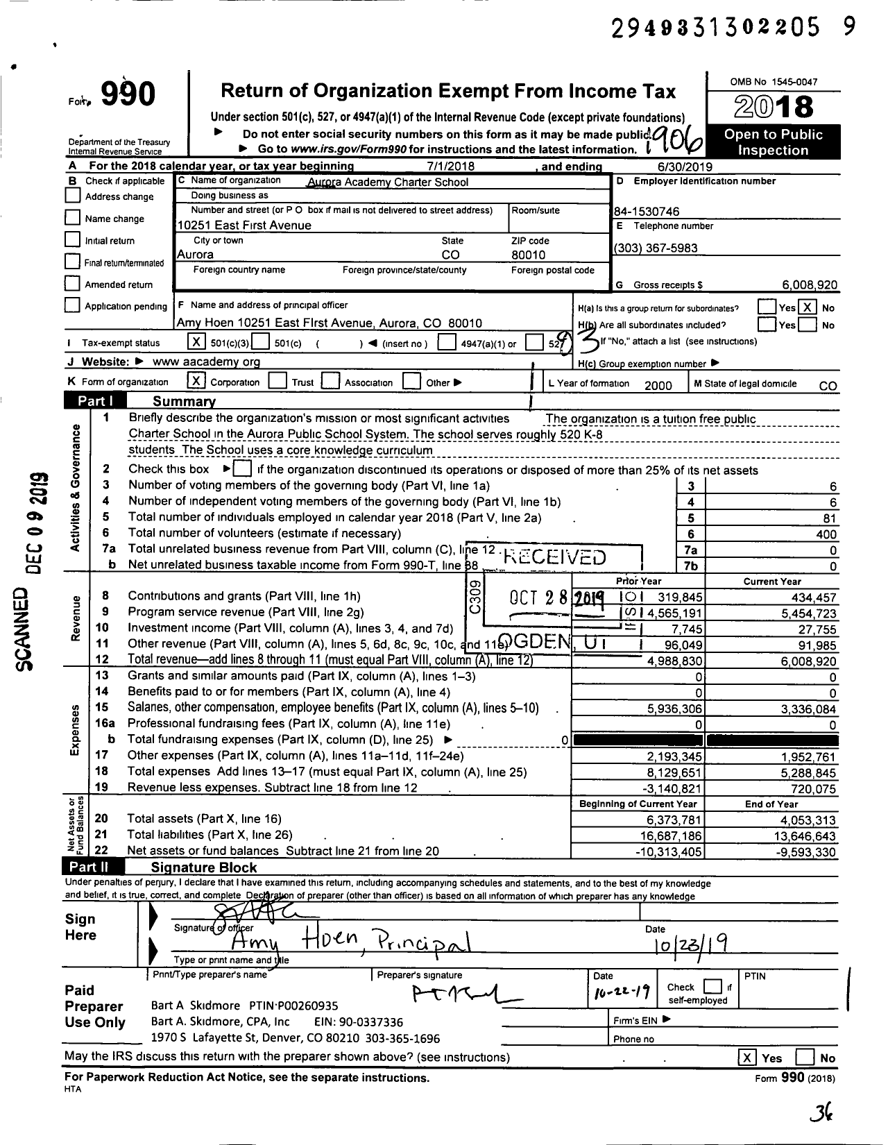 Image of first page of 2018 Form 990 for Aurora Academy Charter School