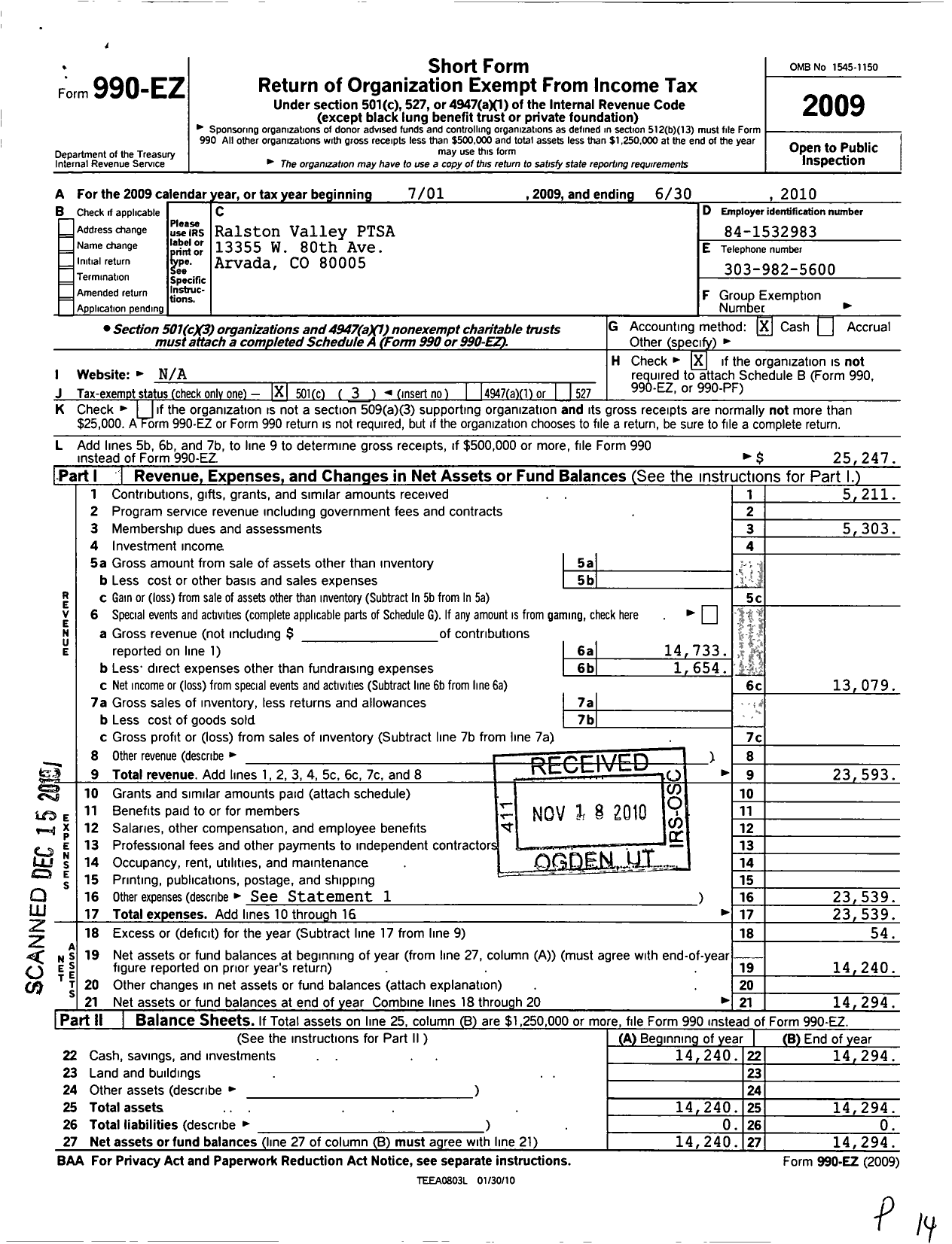 Image of first page of 2009 Form 990EZ for PTA Colorado Congress / Ralston Valley Parent Teacher Stude