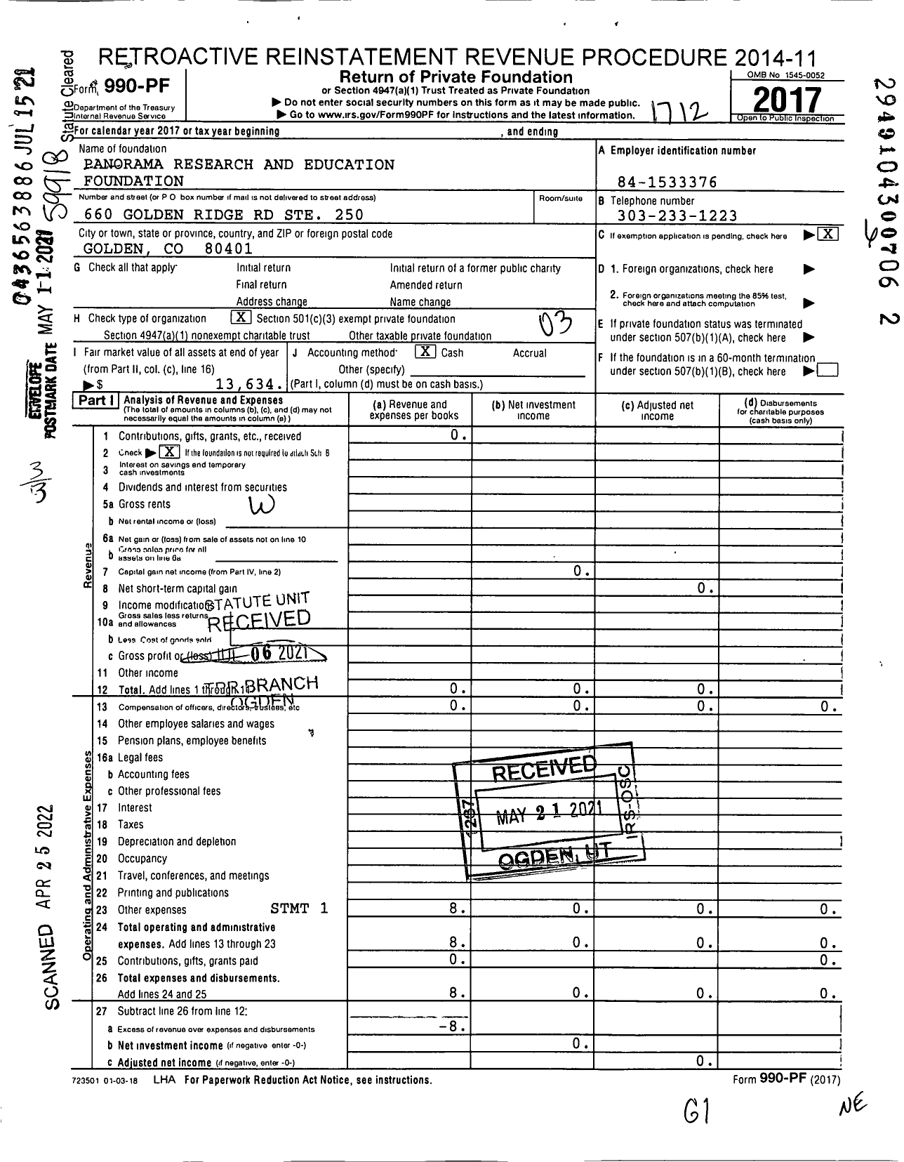 Image of first page of 2017 Form 990PF for Panorama Research and Education Foundation