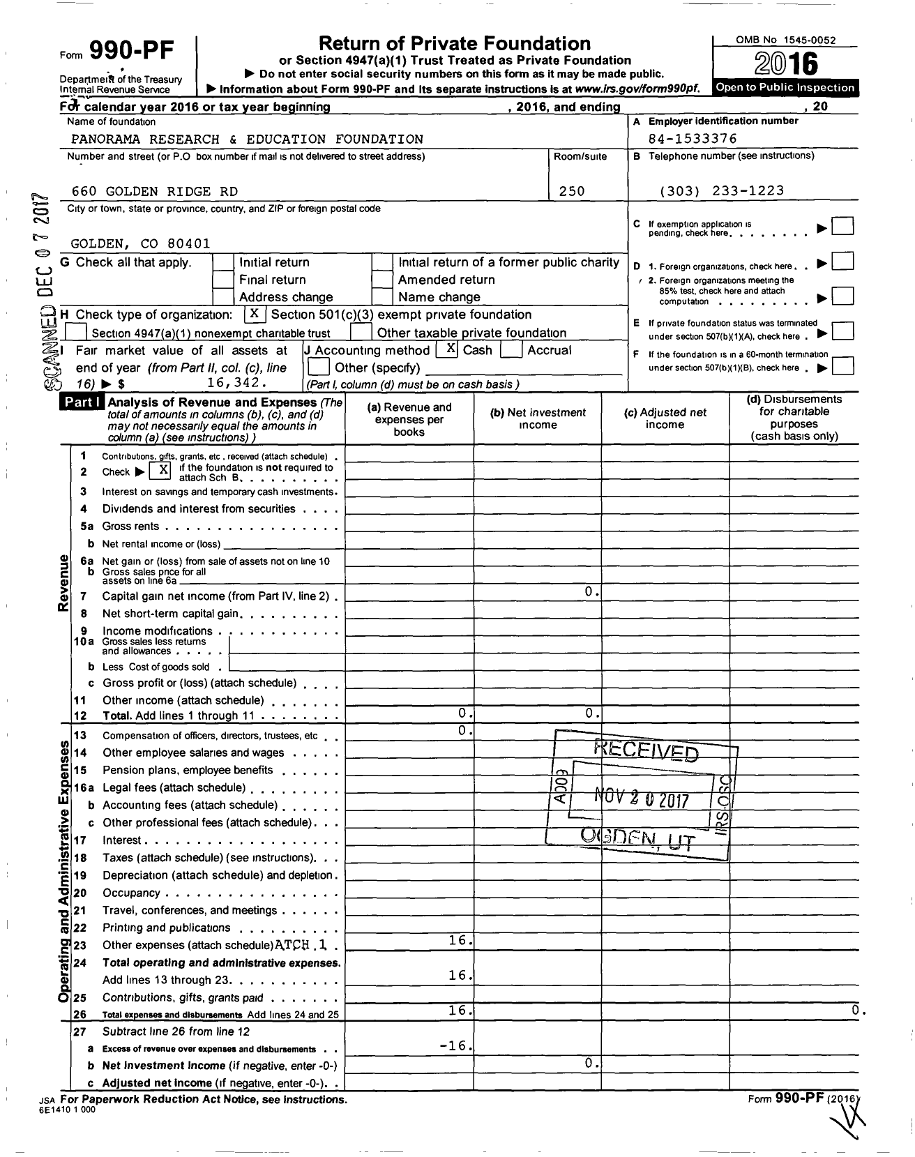 Image of first page of 2016 Form 990PF for Panorama Research and Education Foundation