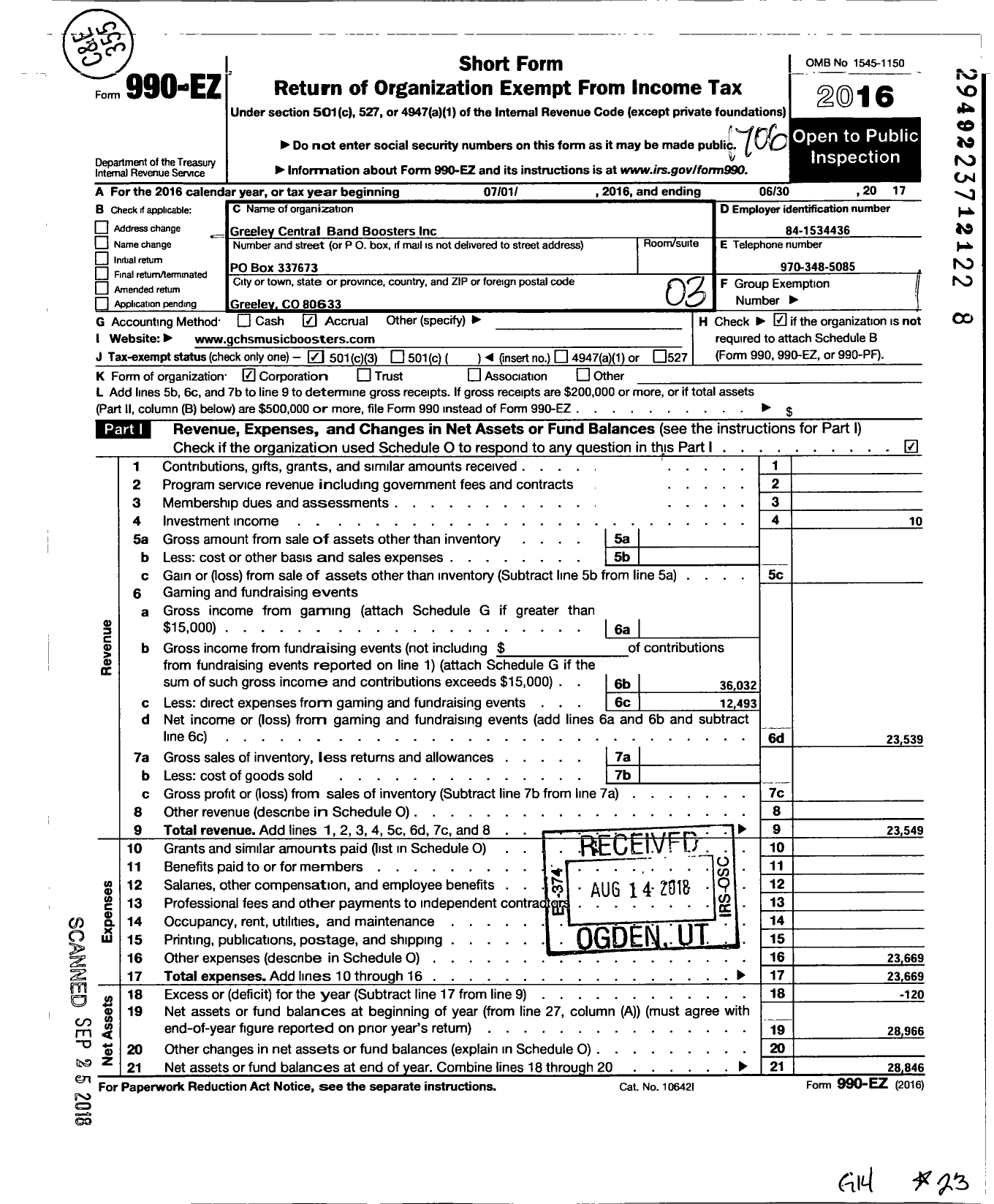 Image of first page of 2016 Form 990EZ for Greeley Central Band Boosters