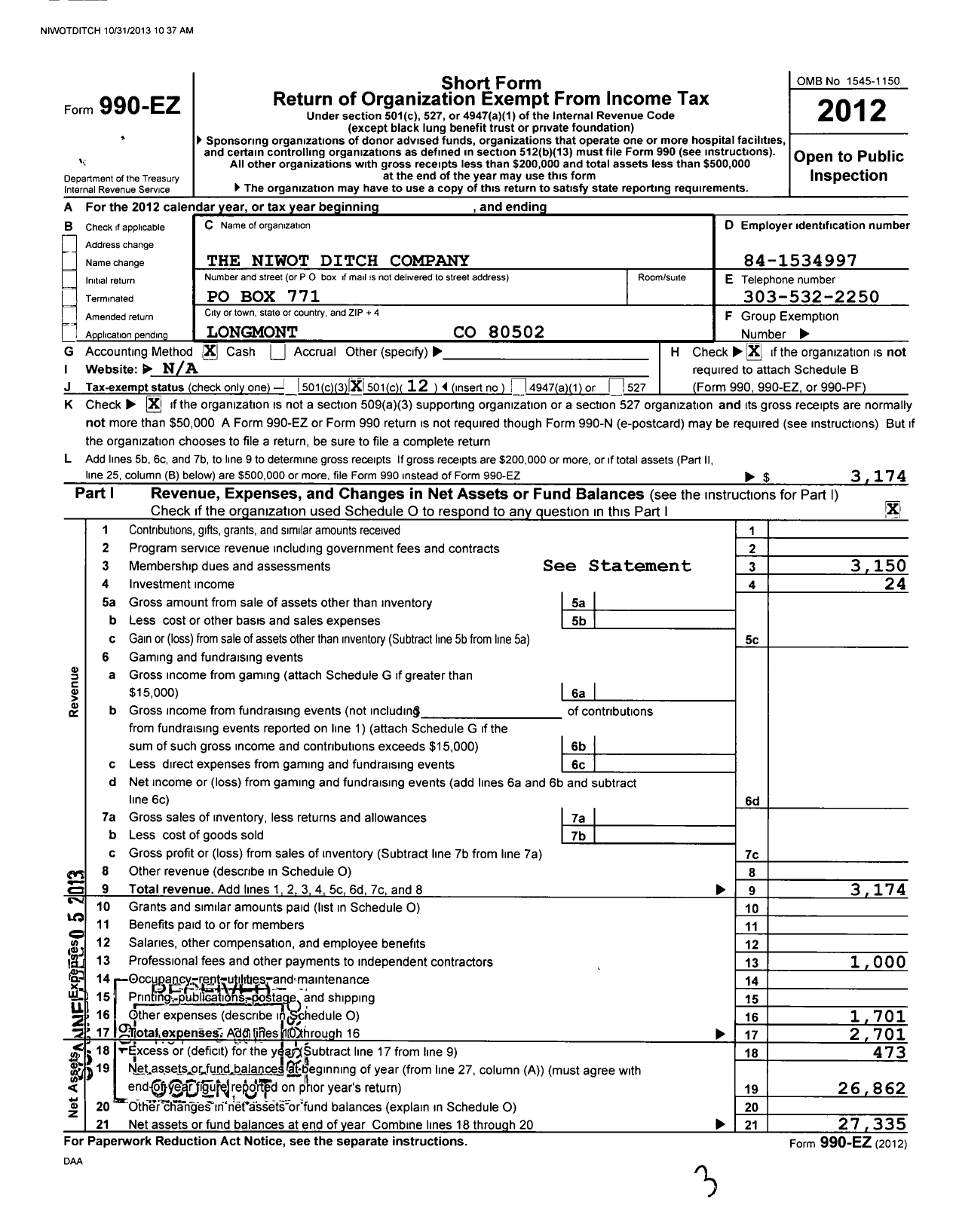 Image of first page of 2012 Form 990EO for The Niwot Ditch Company