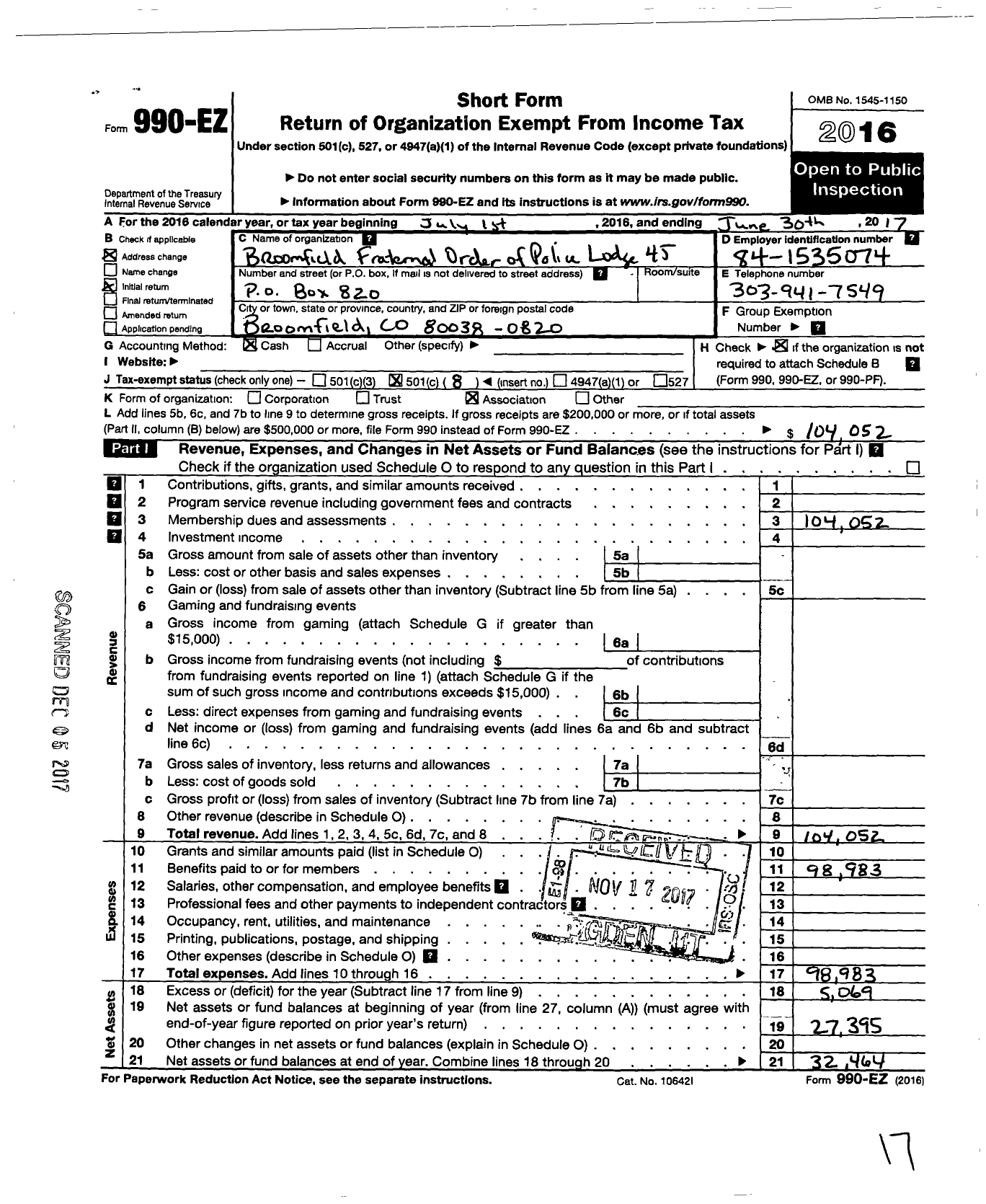 Image of first page of 2016 Form 990EO for Fraternal Order of Police - 45 Broomfield Fop Lodge